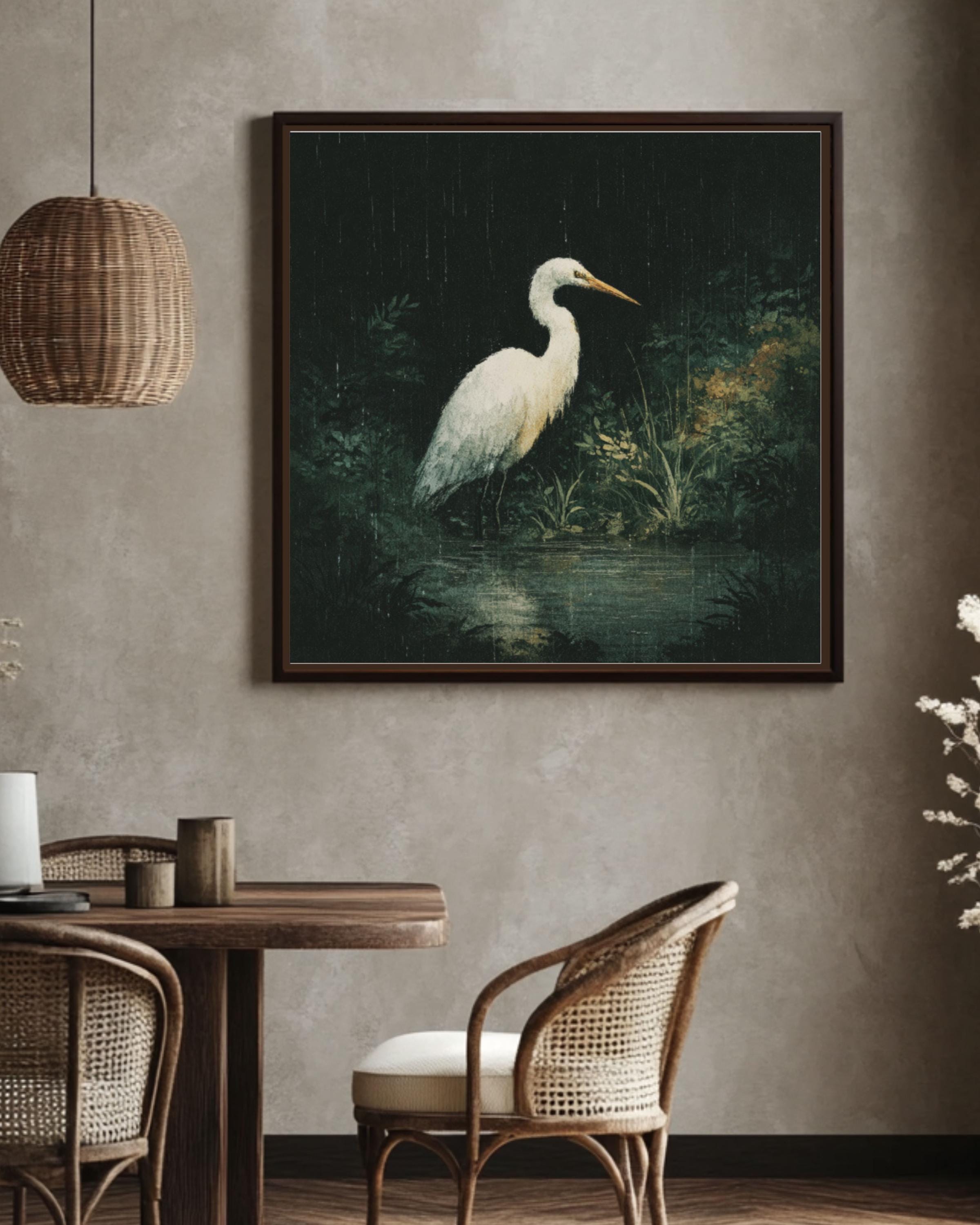 White Heron Wall Art – Moody Bird Illustration Canvas or Framed Print