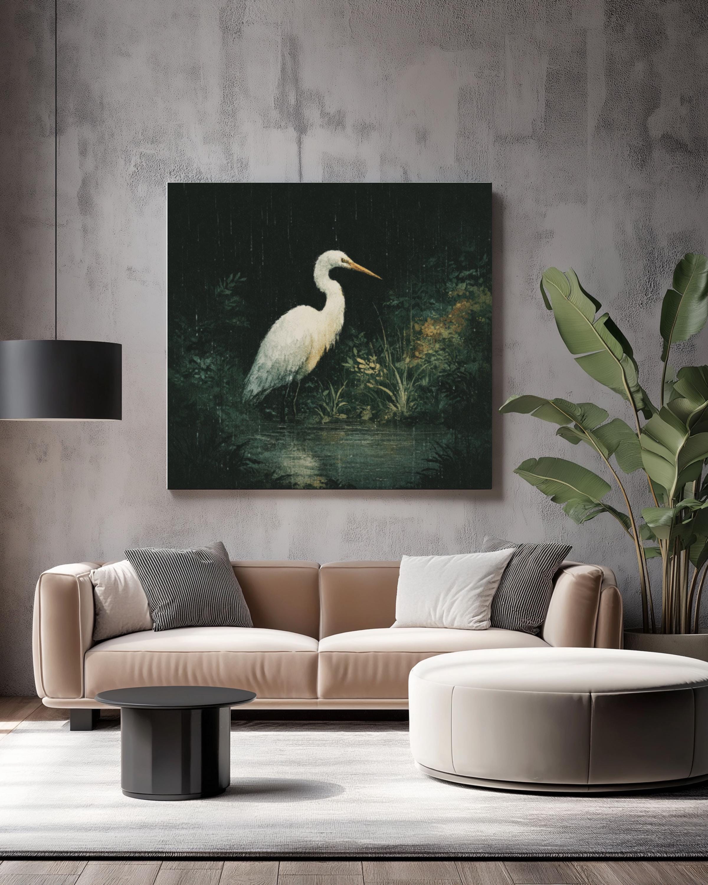 White Heron Wall Art – Moody Bird Illustration Canvas or Framed Print