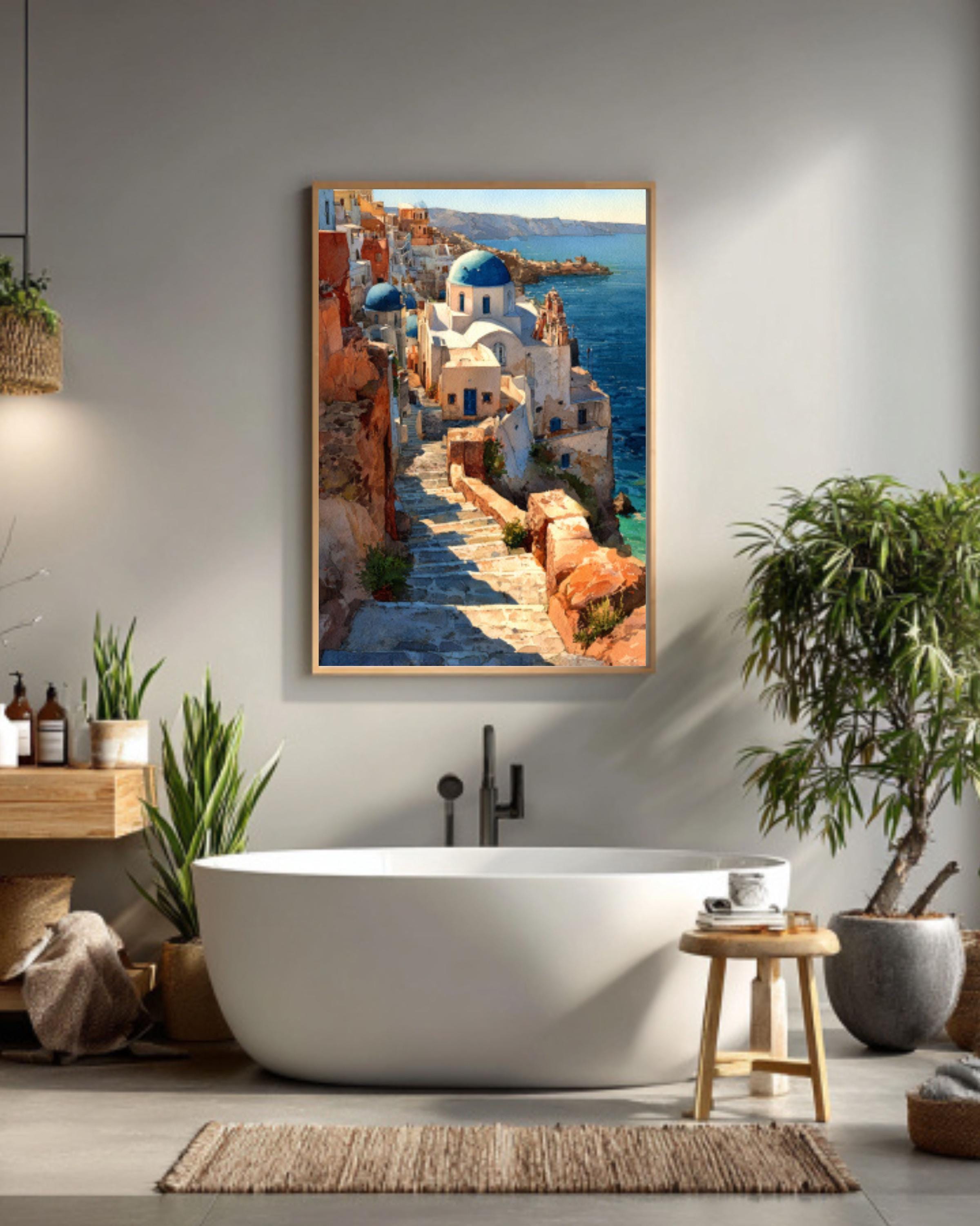 Santorini Watercolor Wall Art – Greek Island Blue Domes Coastal Decor