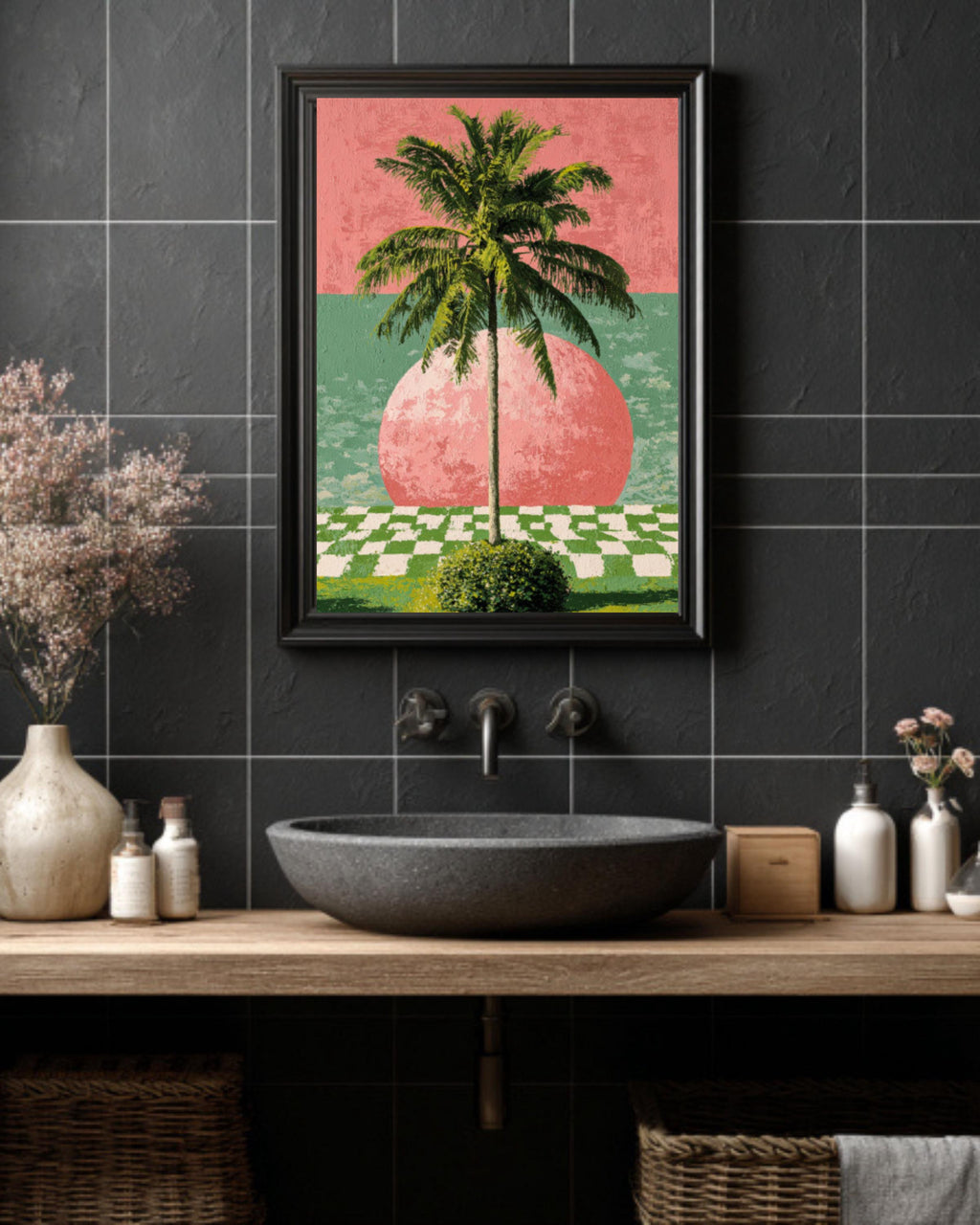 Modern Palm Tree Wall Art Print – Hockney-Inspired Pink & Green Abstract Decor