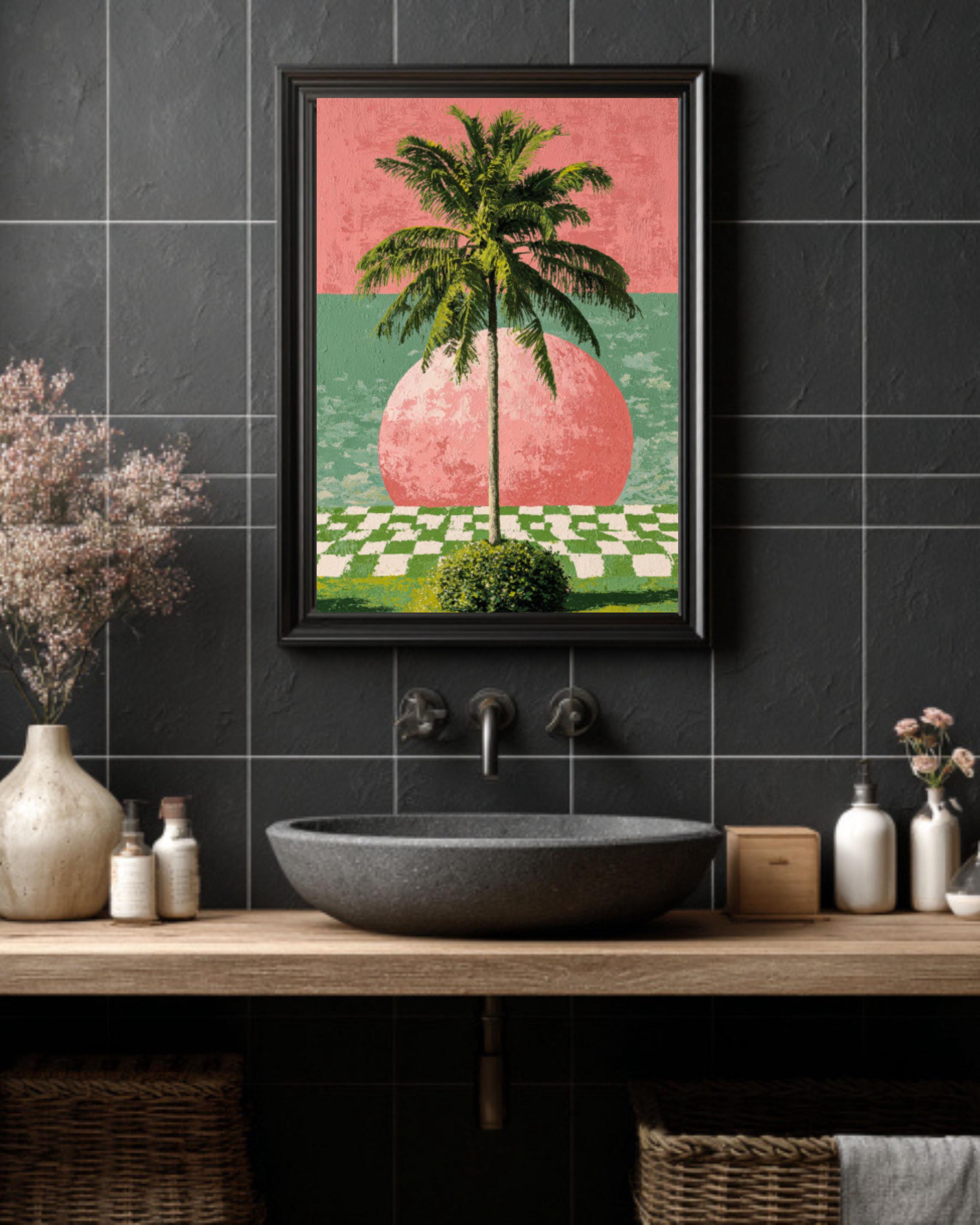 Modern Palm Tree Wall Art Print – Hockney-Inspired Pink & Green Abstract Decor