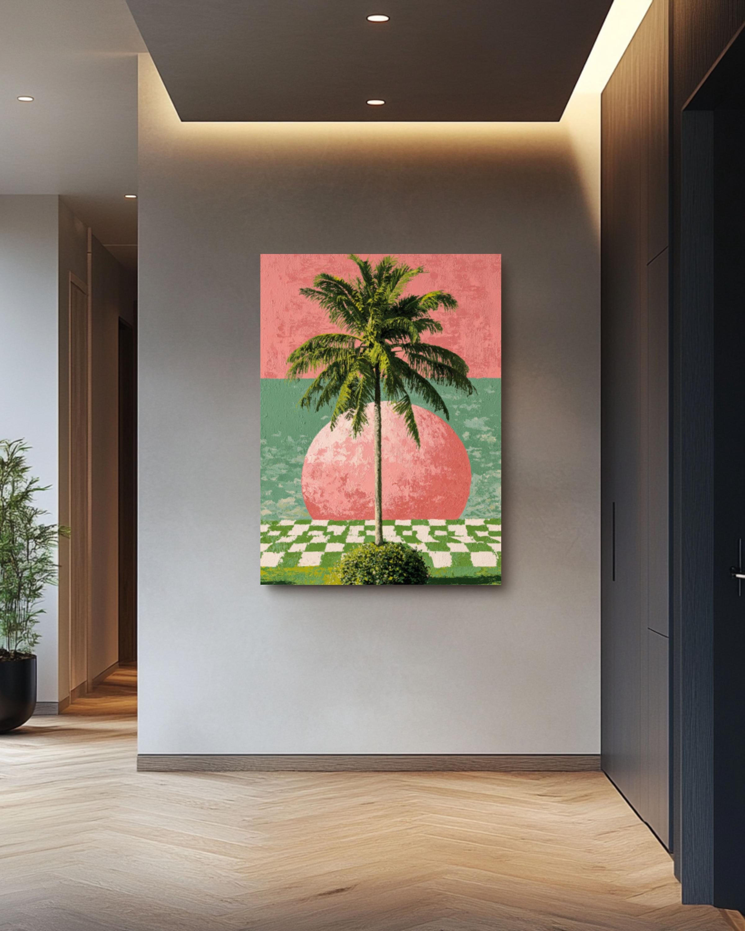 Modern Palm Tree Wall Art Print – Hockney-Inspired Pink & Green Abstract Decor