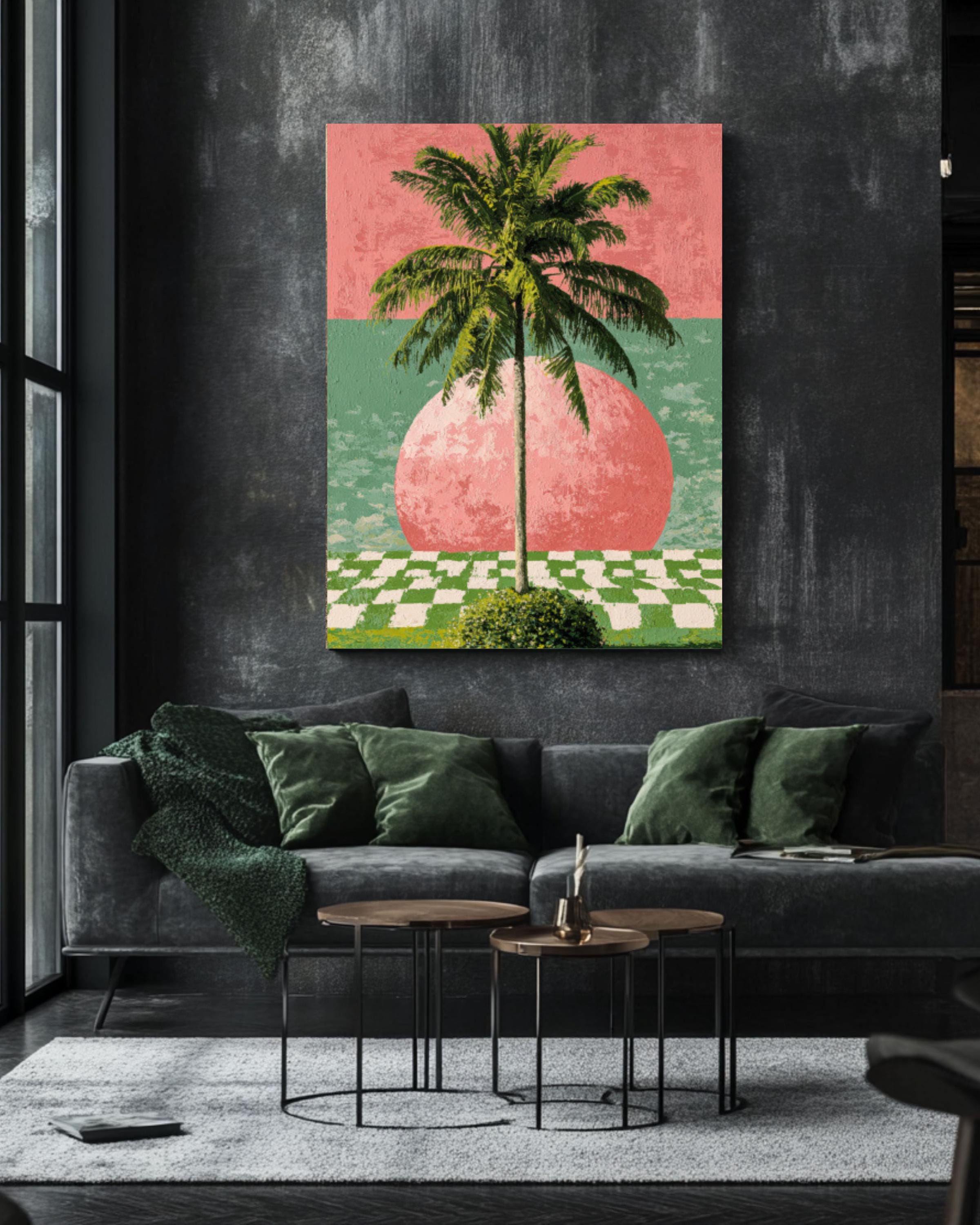 Modern Palm Tree Wall Art Print – Hockney-Inspired Pink & Green Abstract Decor