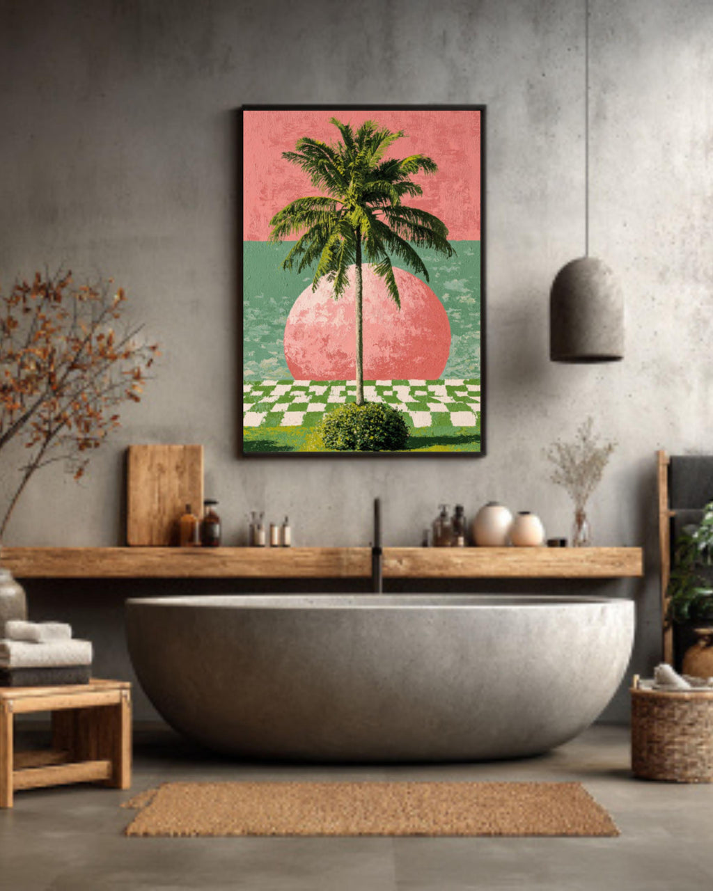 style palm art print pink circle green checkered background