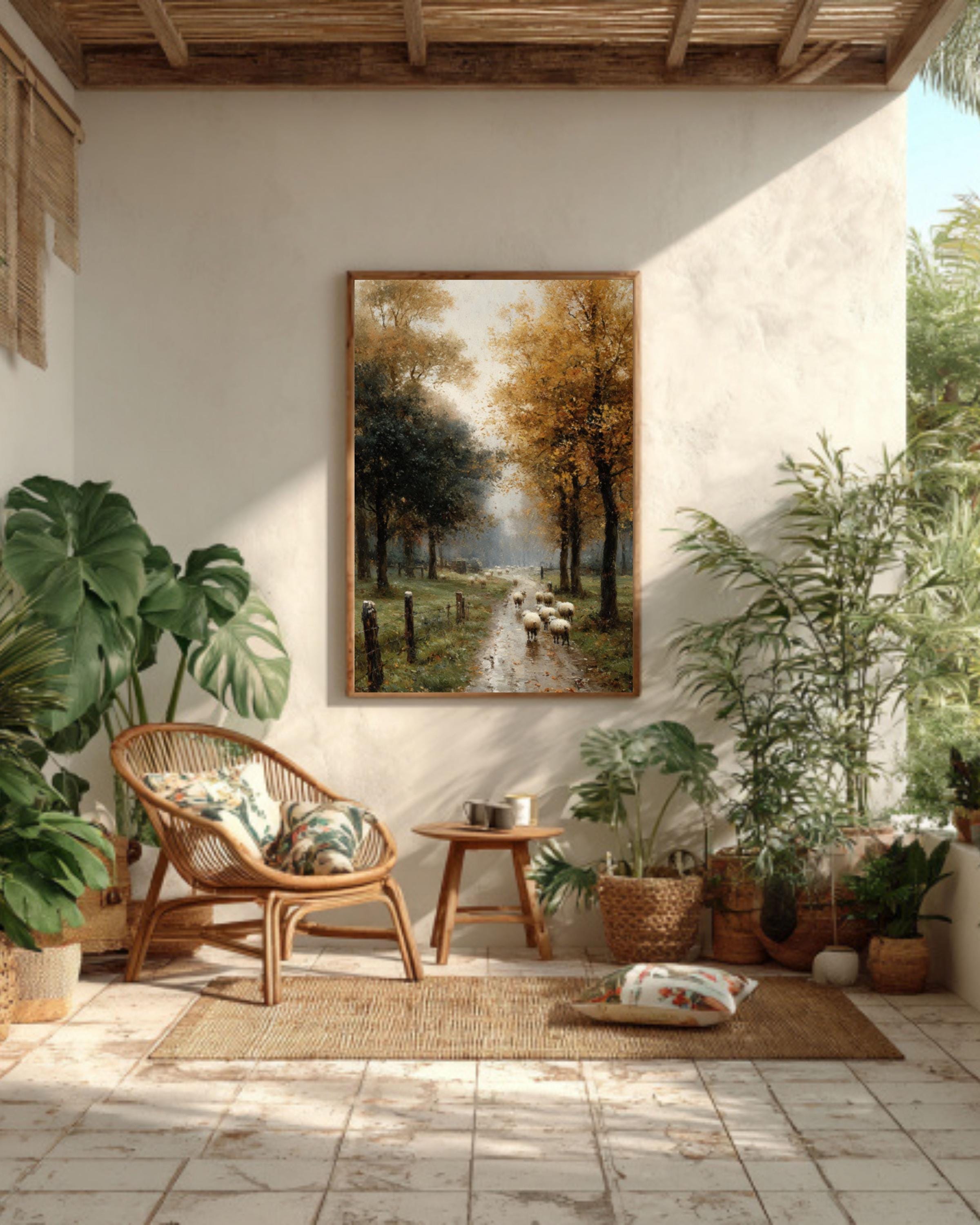 Misty Autumn Sheep Wall Art – Watercolor Forest Farmhouse Canvas Print