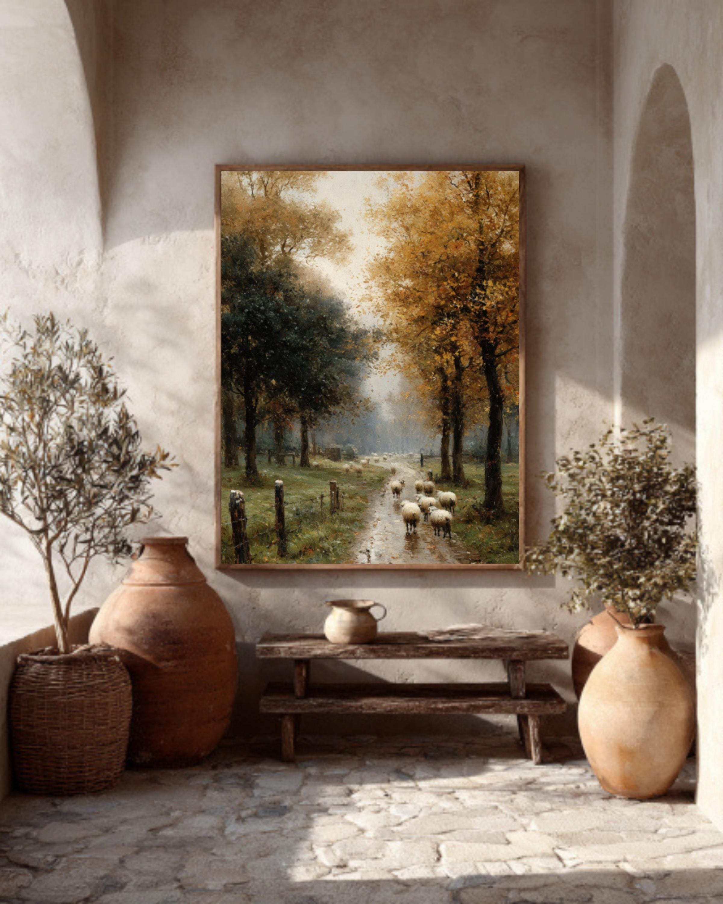 Misty Autumn Sheep Wall Art – Watercolor Forest Farmhouse Canvas Print