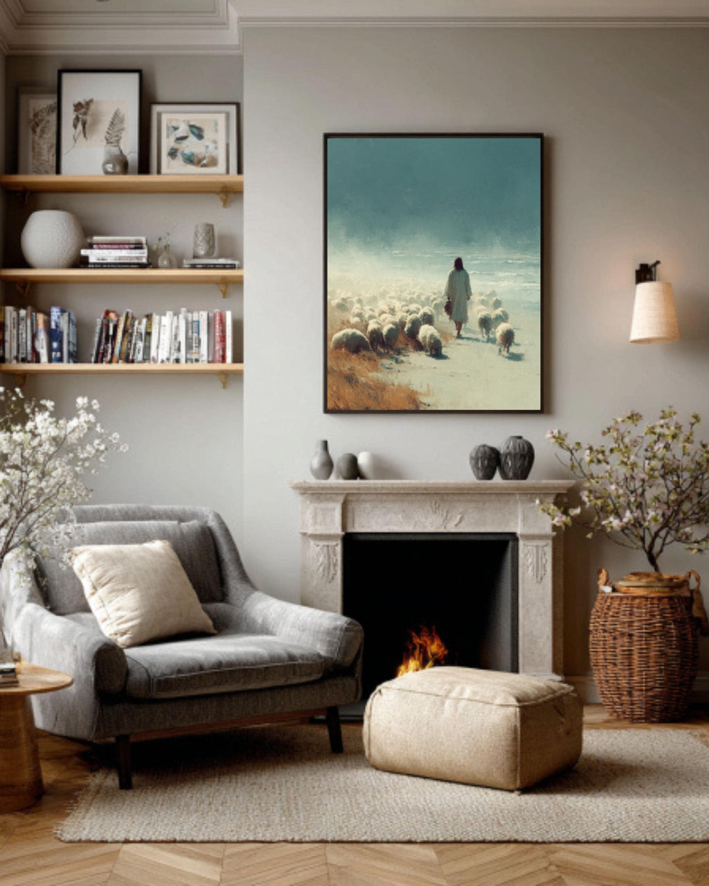 Jesus with Sheep Minimalist Ink Art Print – Christian Coastal Wall Art, Canvas or Framed Print