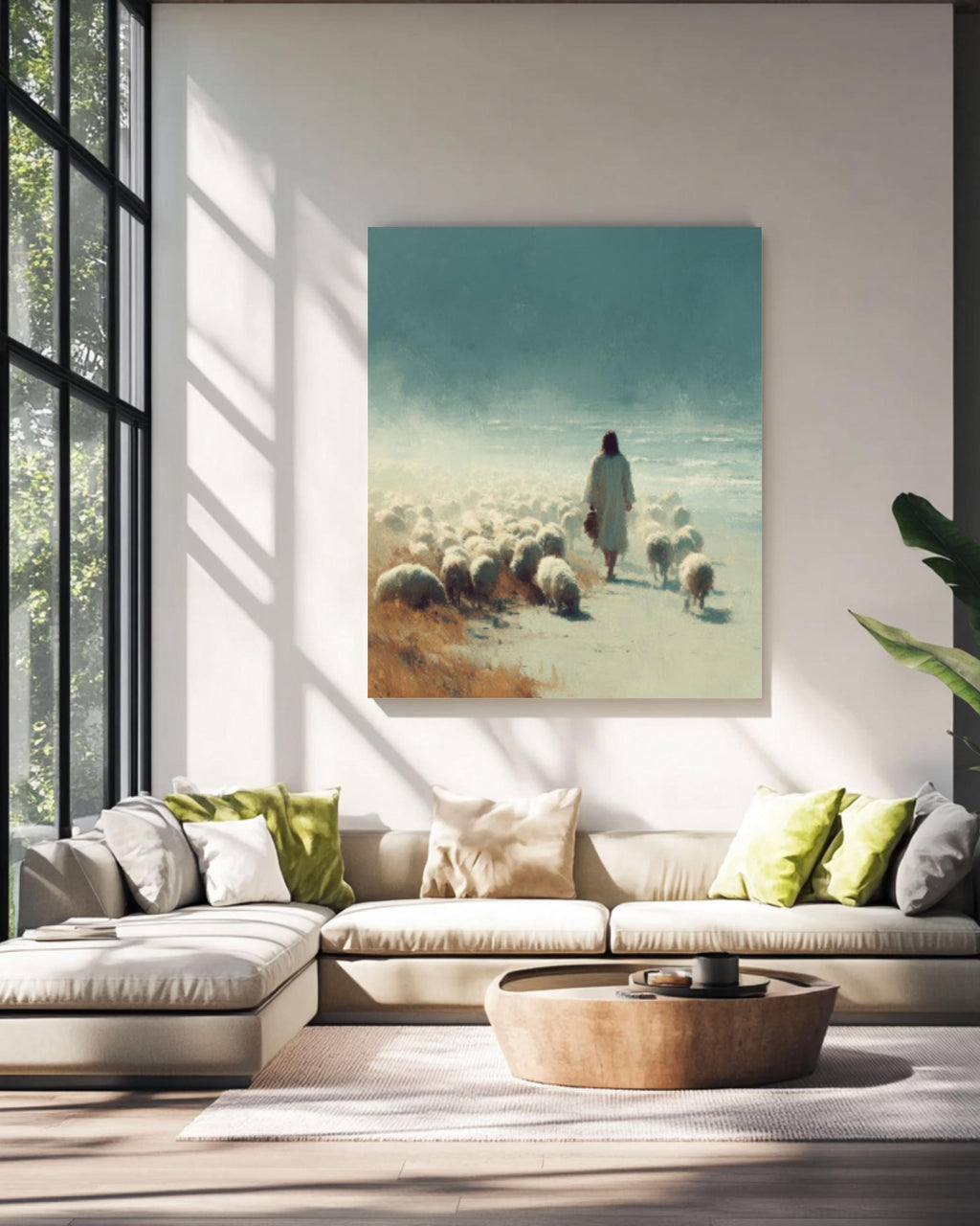 Jesus with Sheep Minimalist Ink Art Print – Christian Coastal Wall Art, Canvas or Framed Print