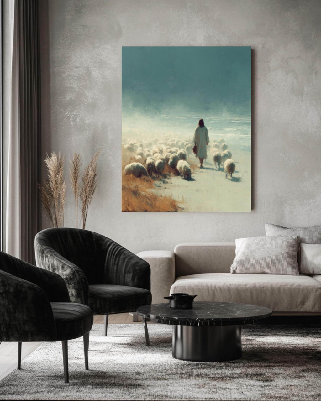 Jesus with Sheep Minimalist Ink Art Print – Christian Coastal Wall Art, Canvas or Framed Print