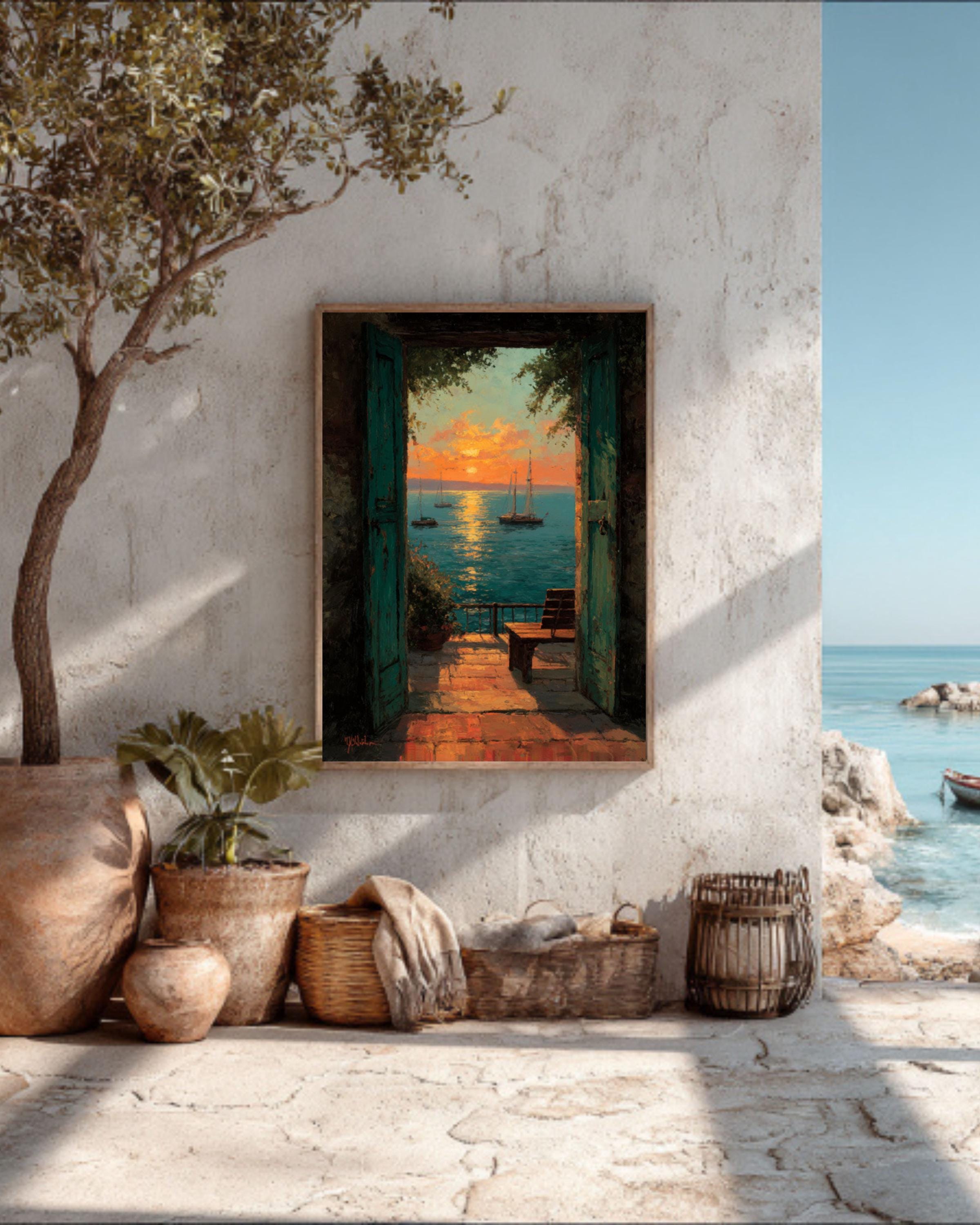 Matisse-Inspired Sunset Balcony Seascape Wall Art – Impressionist Coastal Canvas or Framed Print