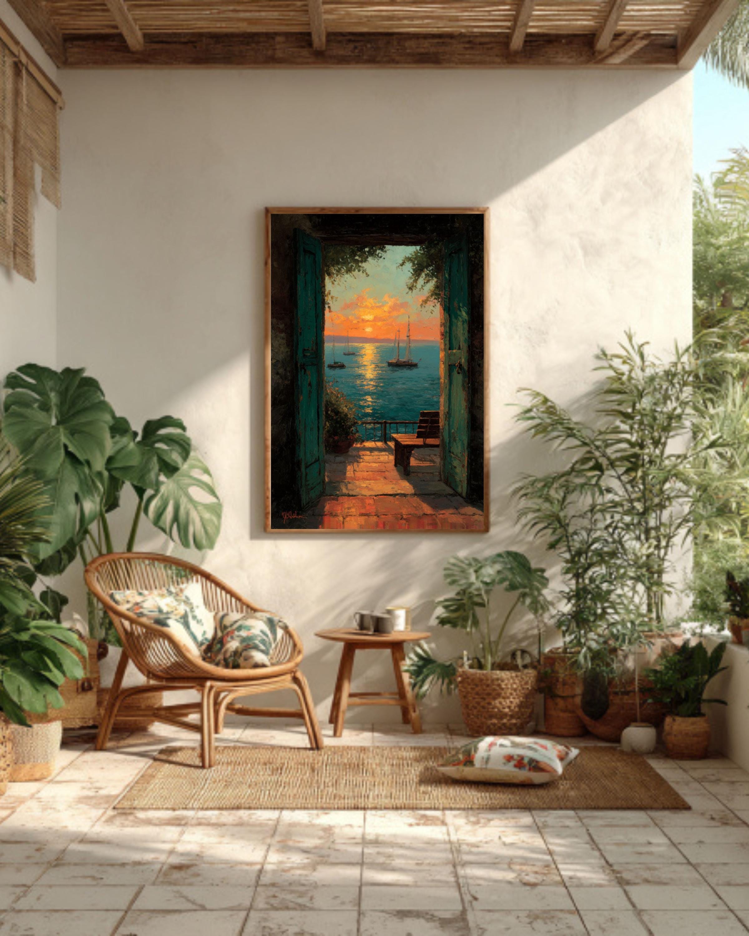 Matisse-Inspired Sunset Balcony Seascape Wall Art – Impressionist Coastal Canvas or Framed Print