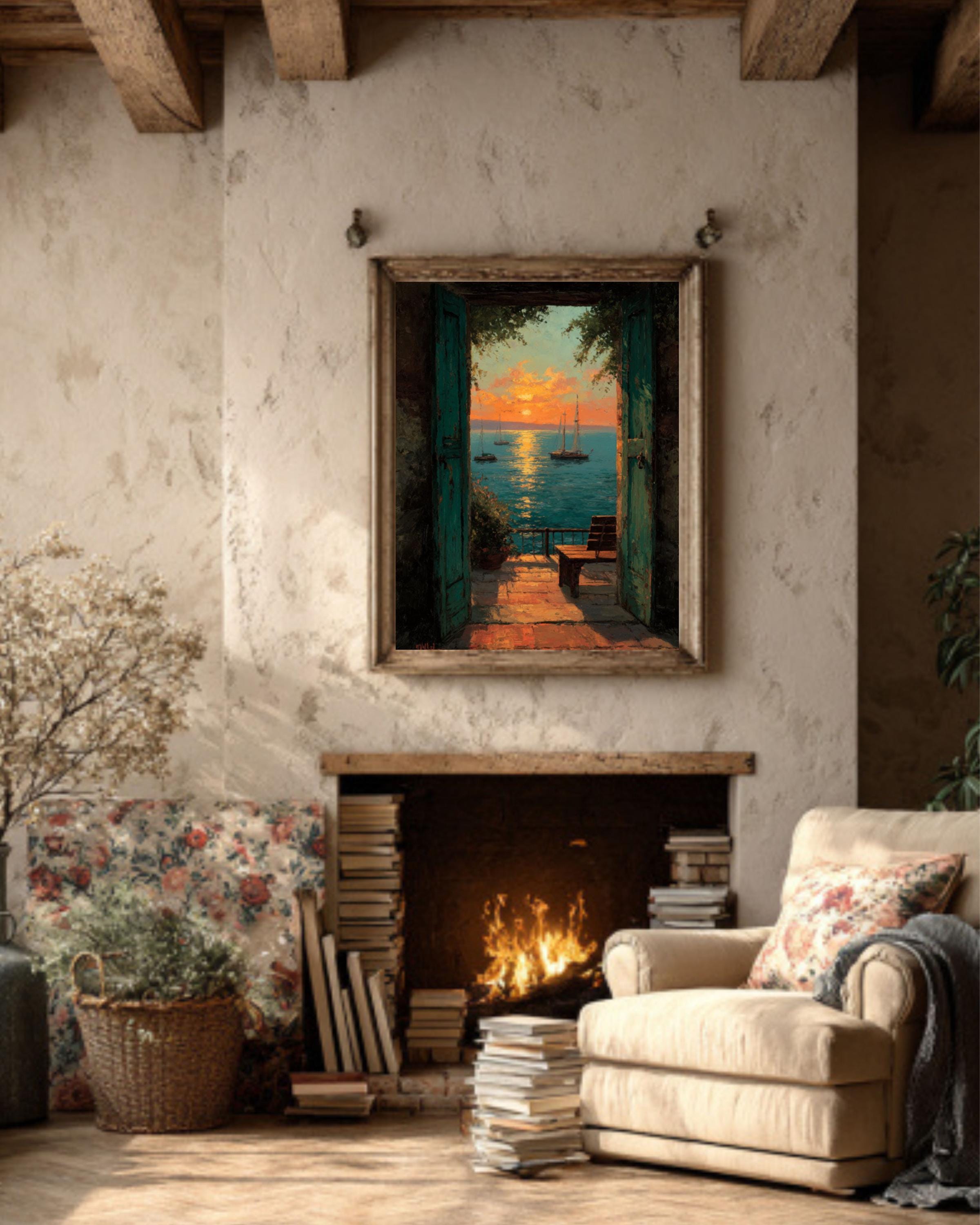 Matisse-Inspired Sunset Balcony Seascape Wall Art – Impressionist Coastal Canvas or Framed Print