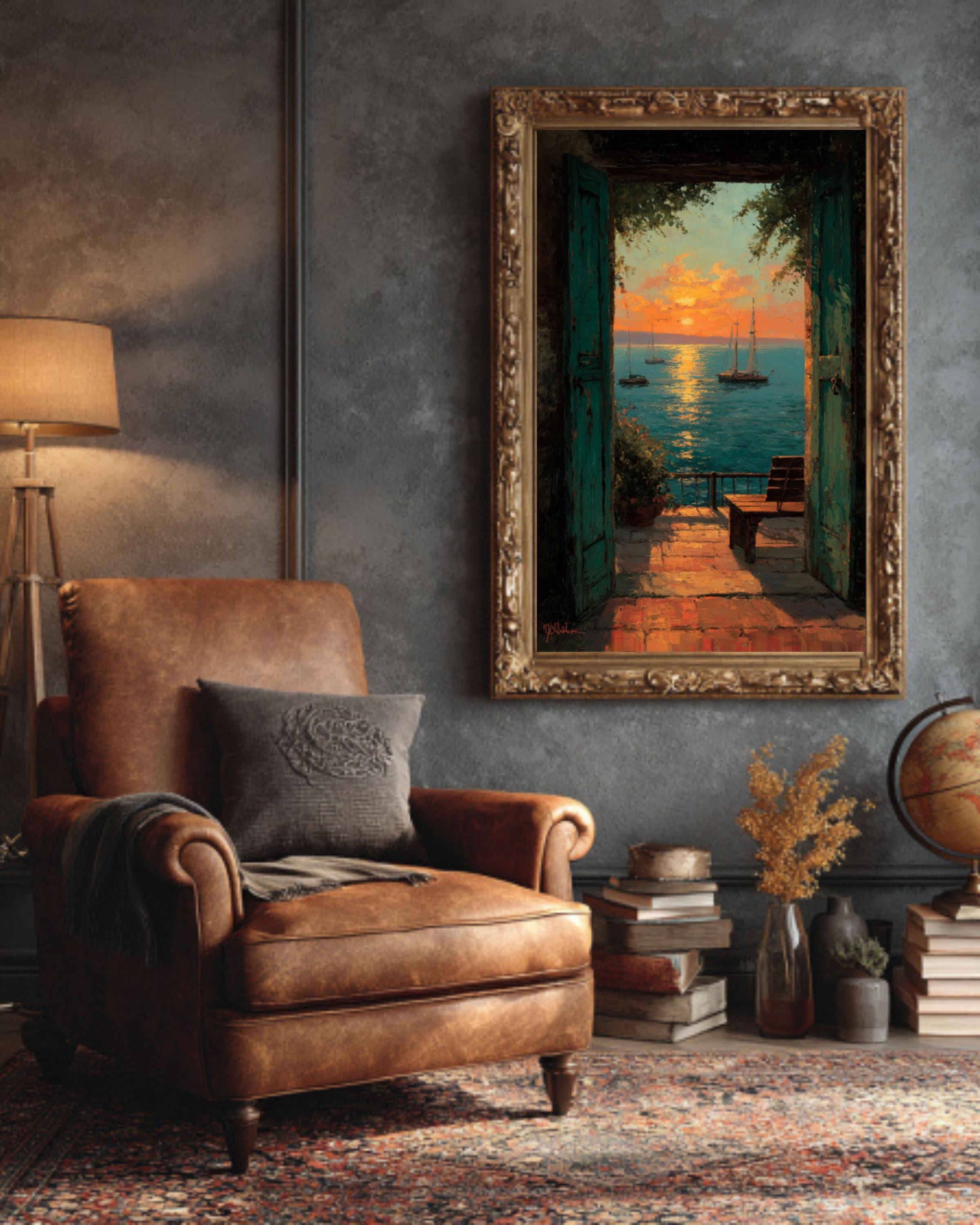Matisse-Inspired Sunset Balcony Seascape Wall Art – Impressionist Coastal Canvas or Framed Print