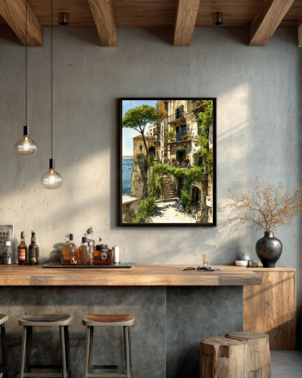Italian Coastal Town Watercolor Wall Art – Cliffside Village Landscape Canvas Print