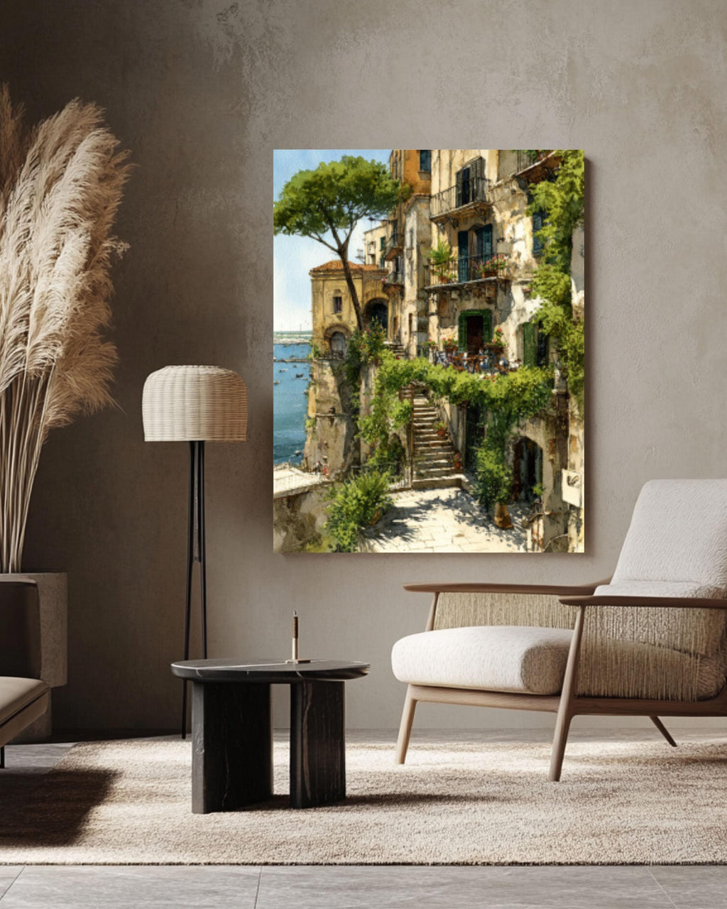 Italian Coastal Town Watercolor Wall Art – Cliffside Village Landscape Canvas Print
