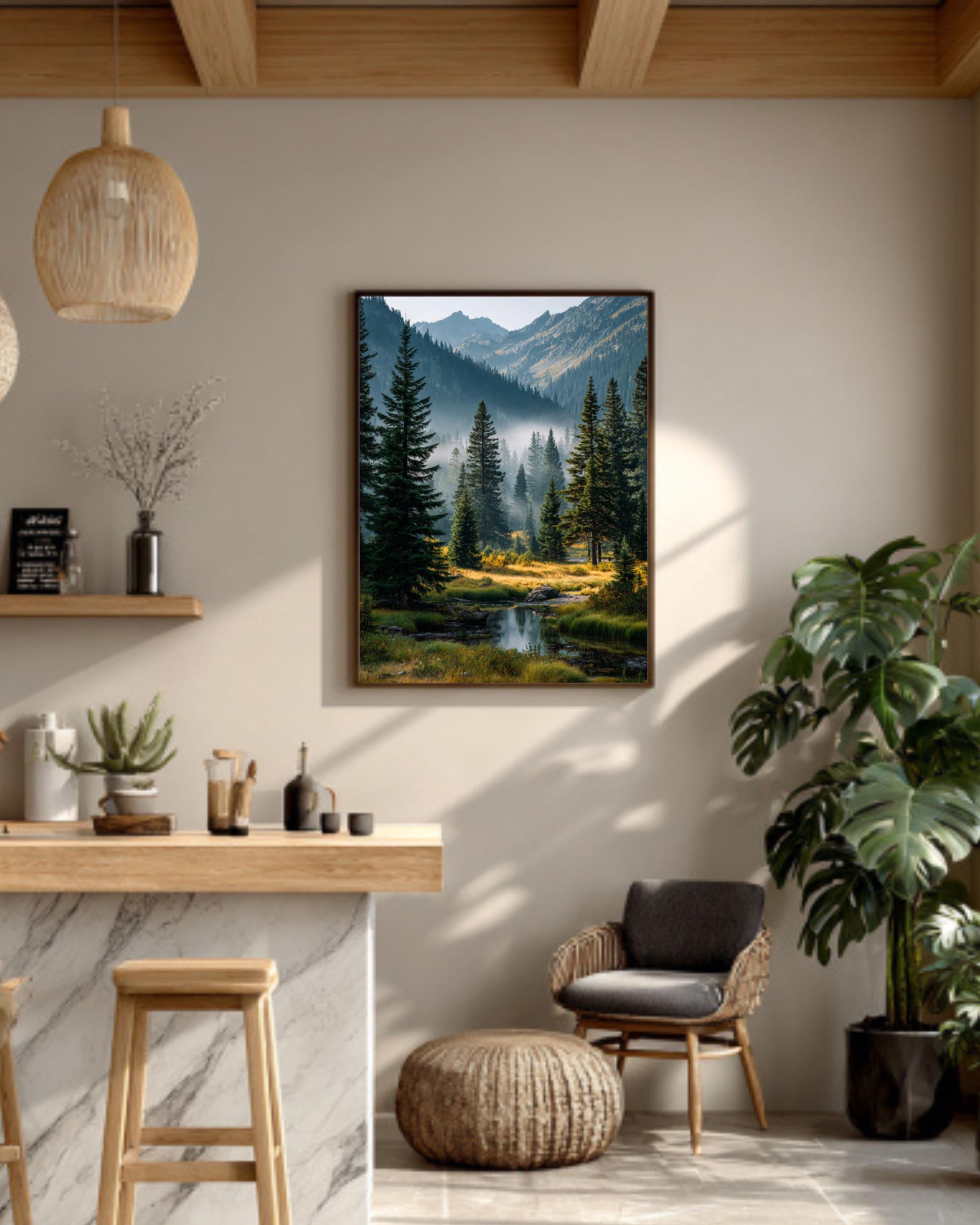Misty Pine Forest Landscape Wall Art – Washington Mountain Lake Nature Print