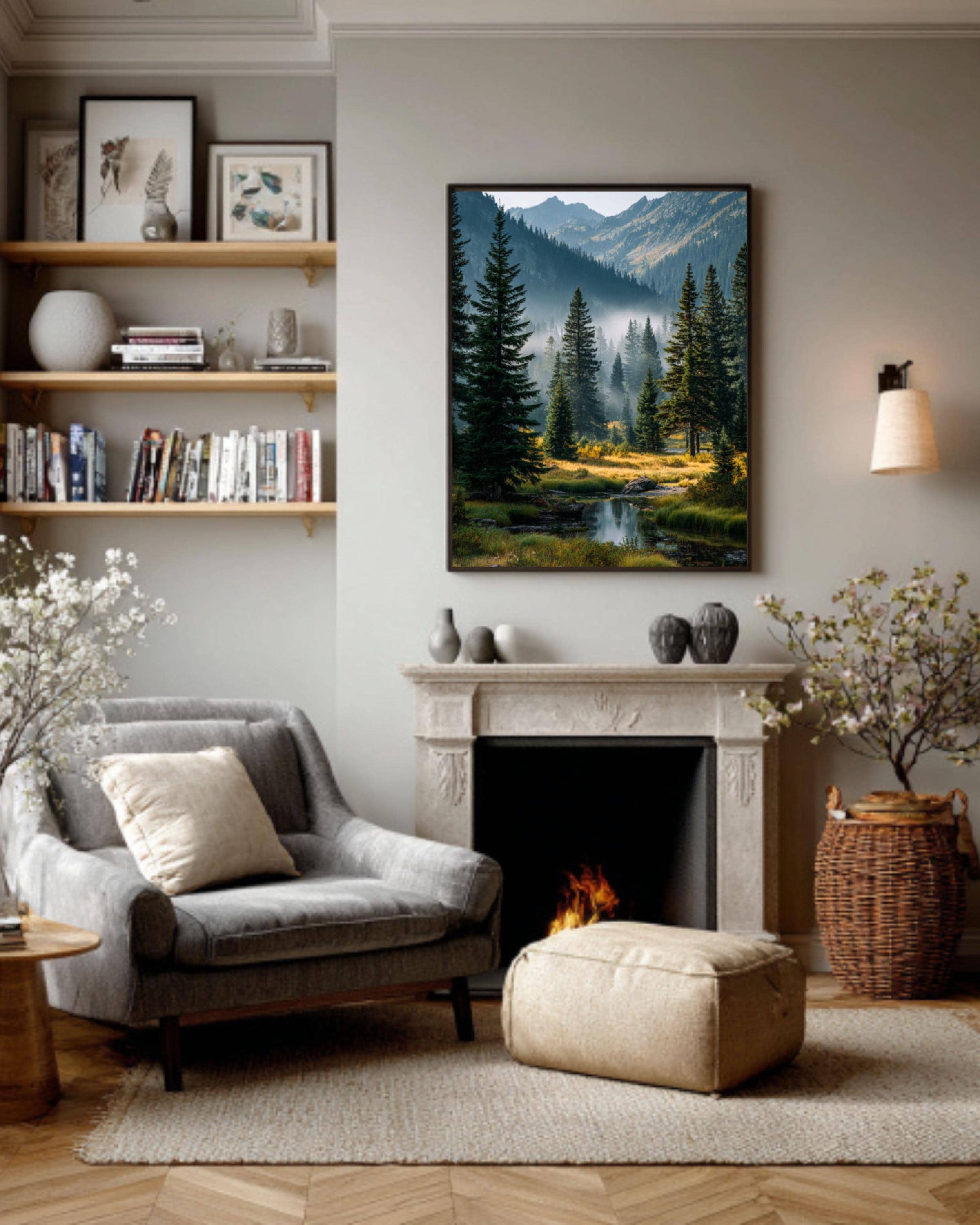 Misty Pine Forest Landscape Wall Art – Washington Mountain Lake Nature Print