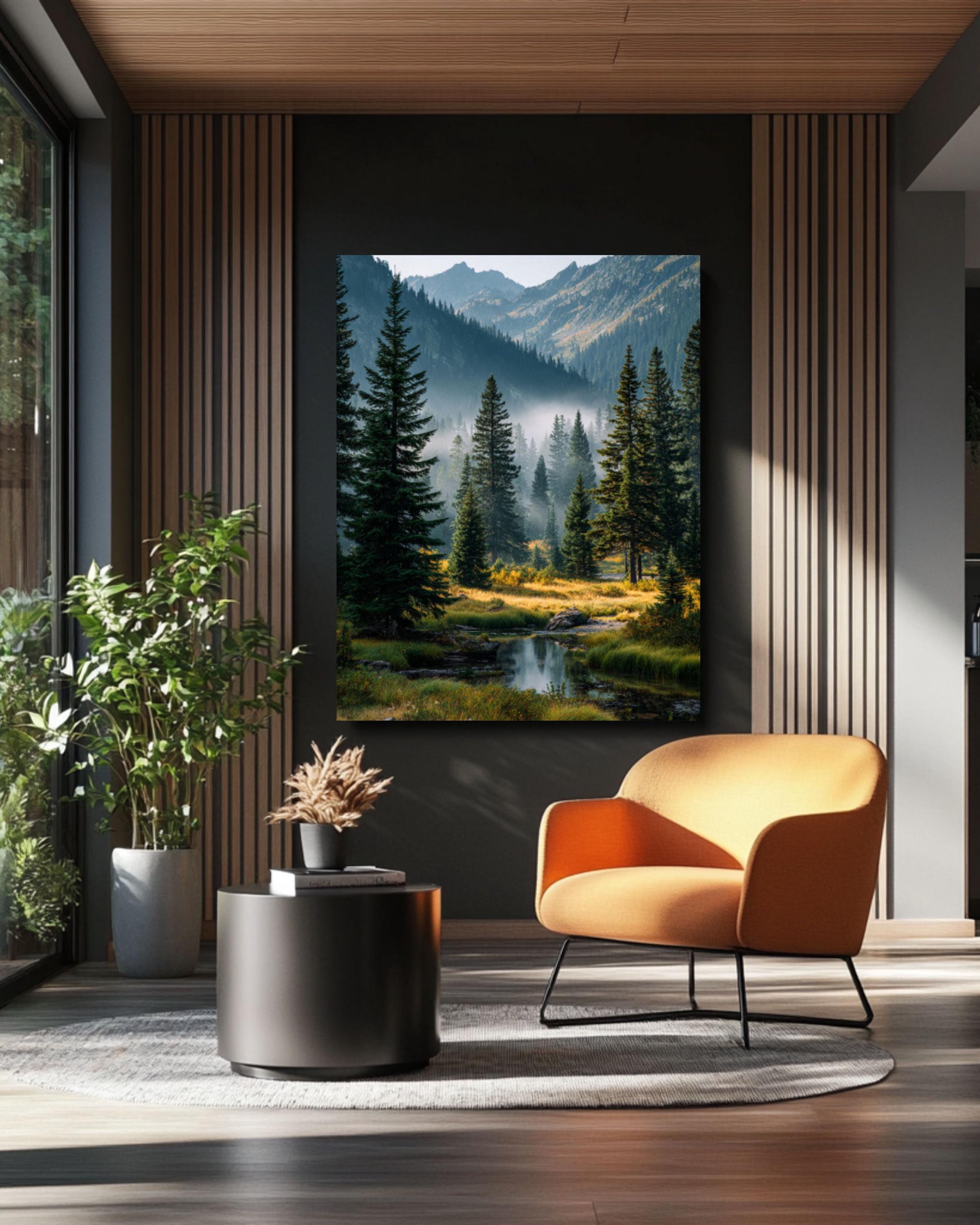 Misty Pine Forest Landscape Wall Art – Washington Mountain Lake Nature Print
