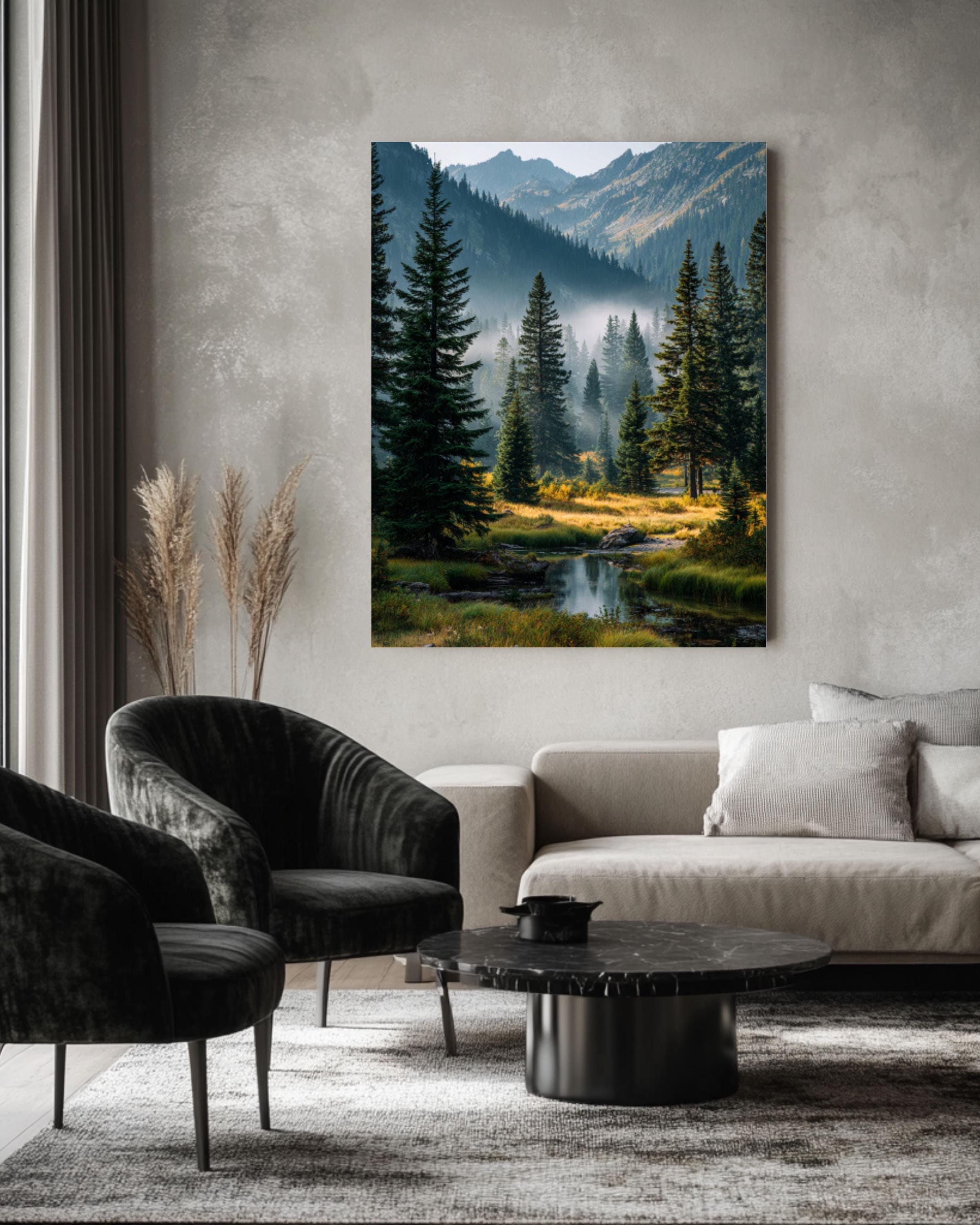 Misty Pine Forest Landscape Wall Art – Washington Mountain Lake Nature Print