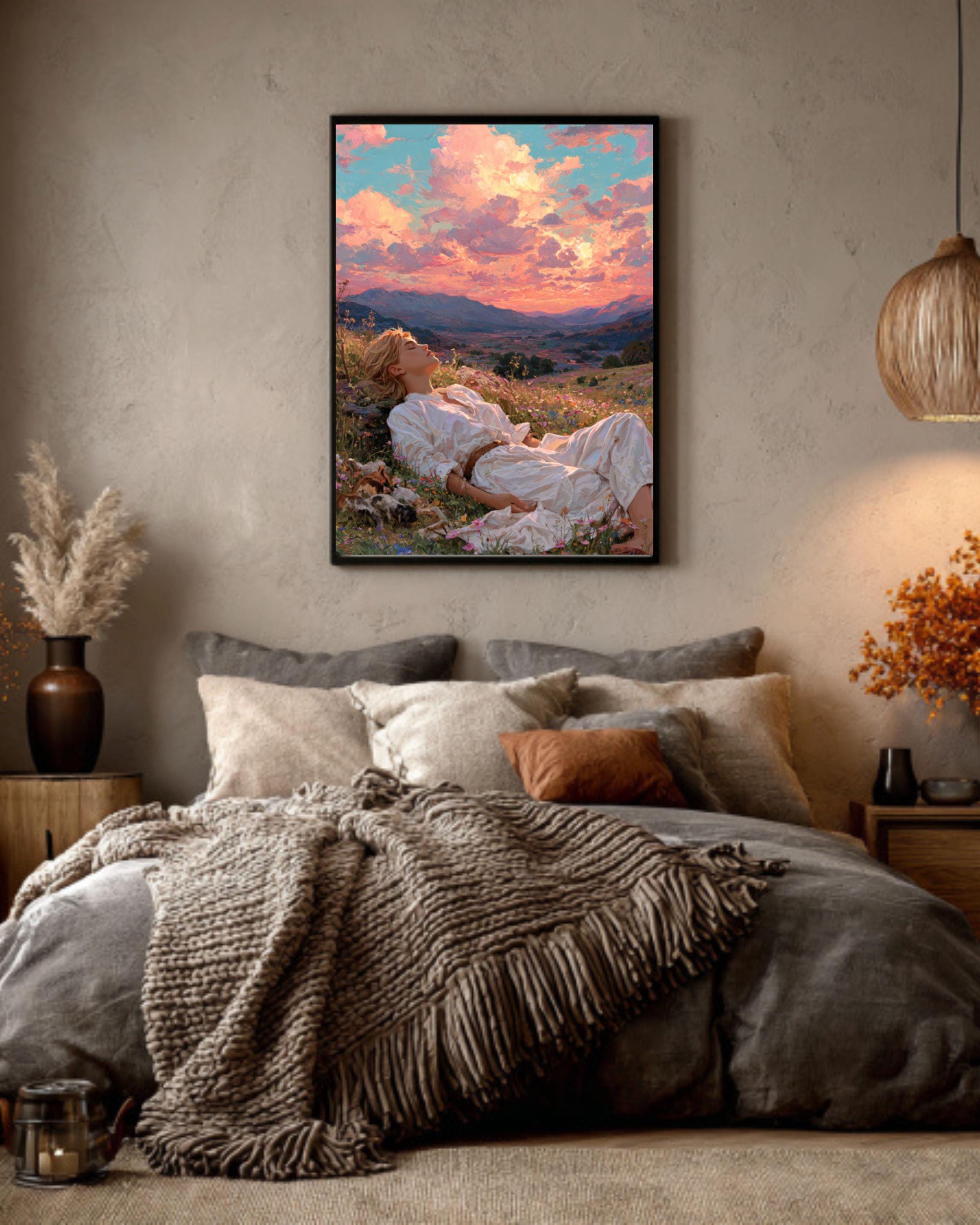 Dreamy Meadow Art Print – Woman, Wildflowers & Sunset Hills