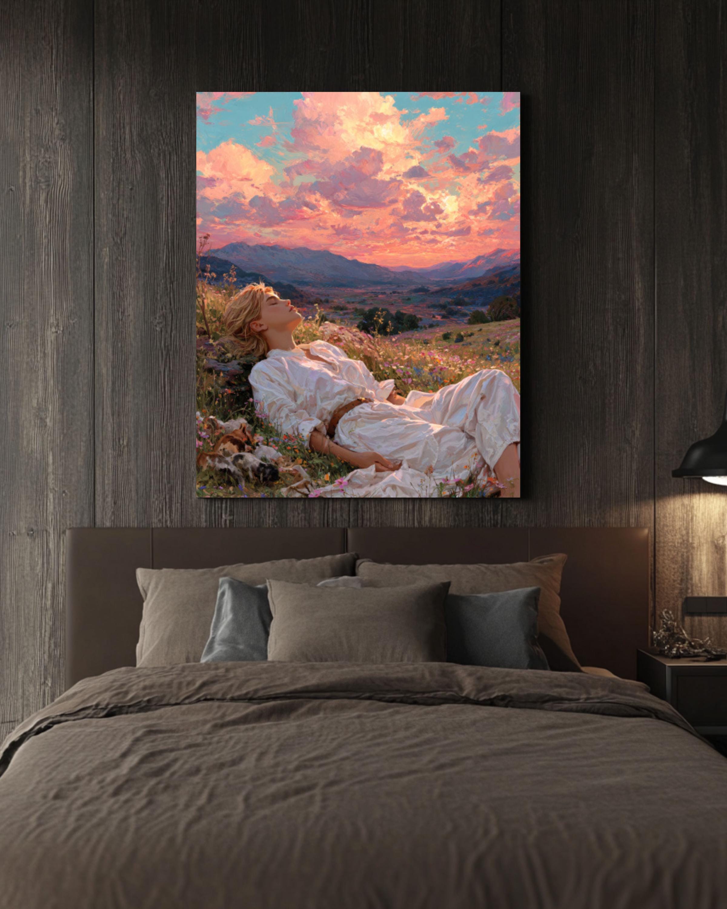 Dreamy Meadow Art Print – Woman, Wildflowers & Sunset Hills