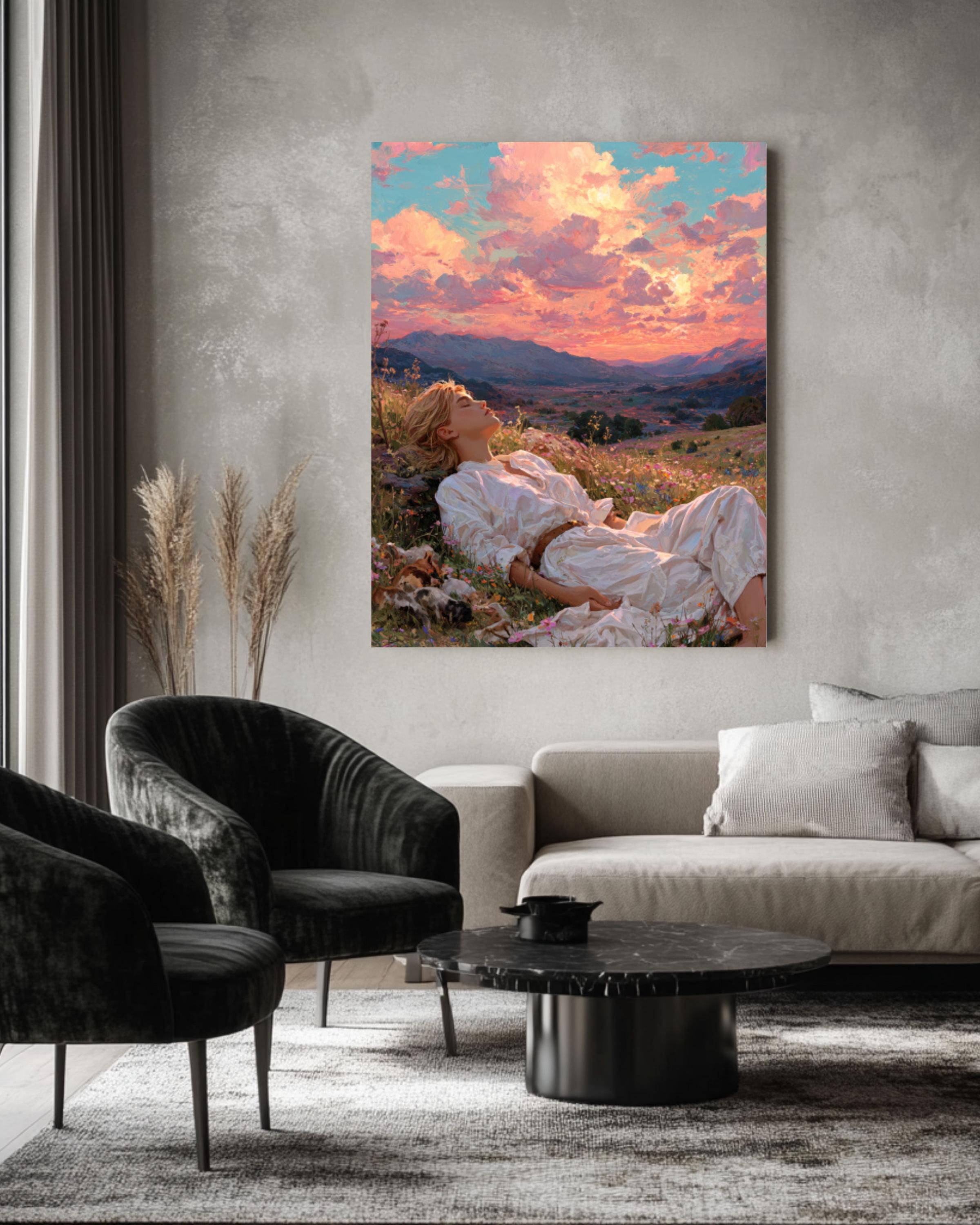 Dreamy Meadow Art Print – Woman, Wildflowers & Sunset Hills