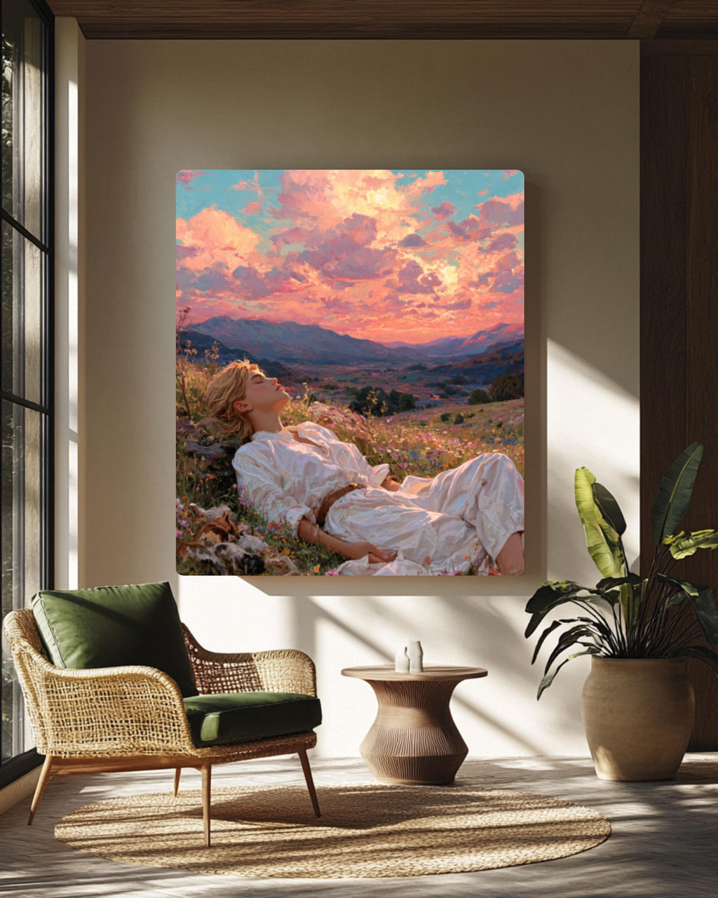 Dreamy Meadow Art Print – Woman, Wildflowers & Sunset Hills