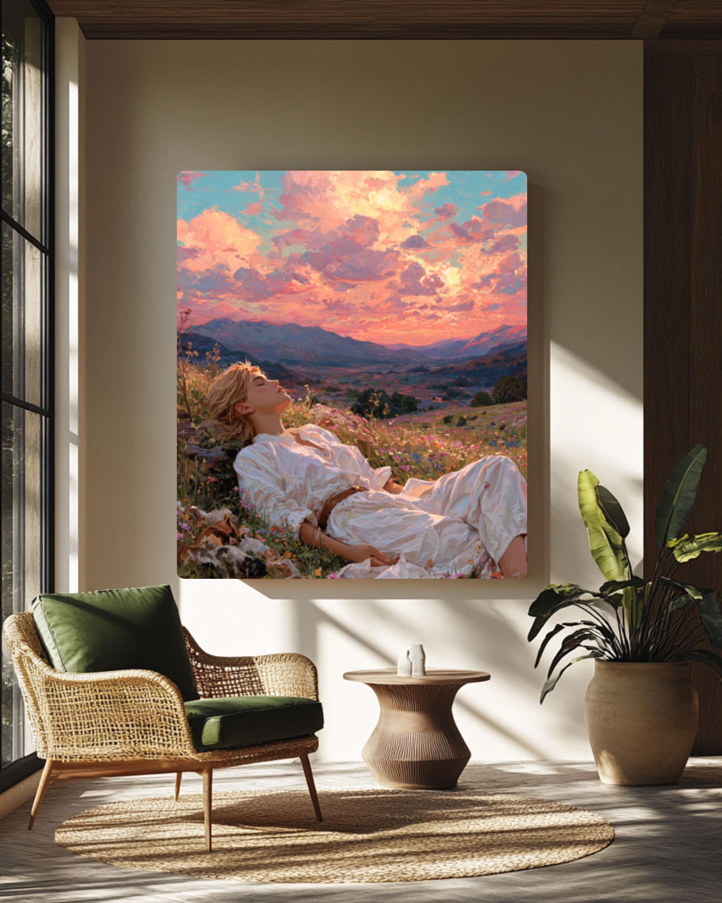 Dreamy Meadow Art Print – Woman, Wildflowers & Sunset Hills