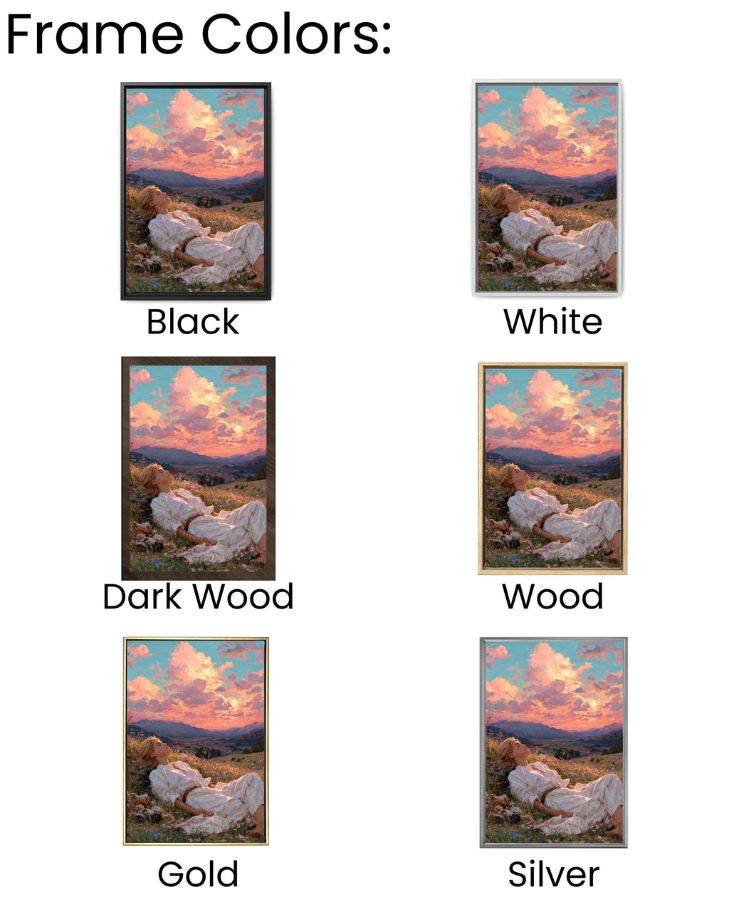 Dreamy Meadow Art Print – Woman, Wildflowers & Sunset Hills