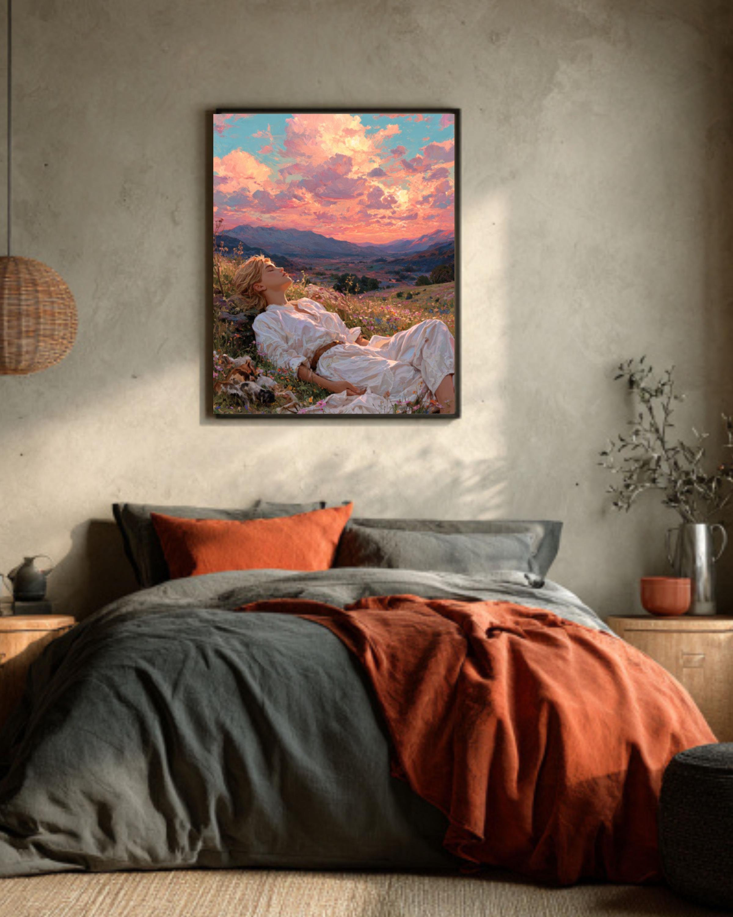 dreamy meadow art print woman wildflowers sunset hills