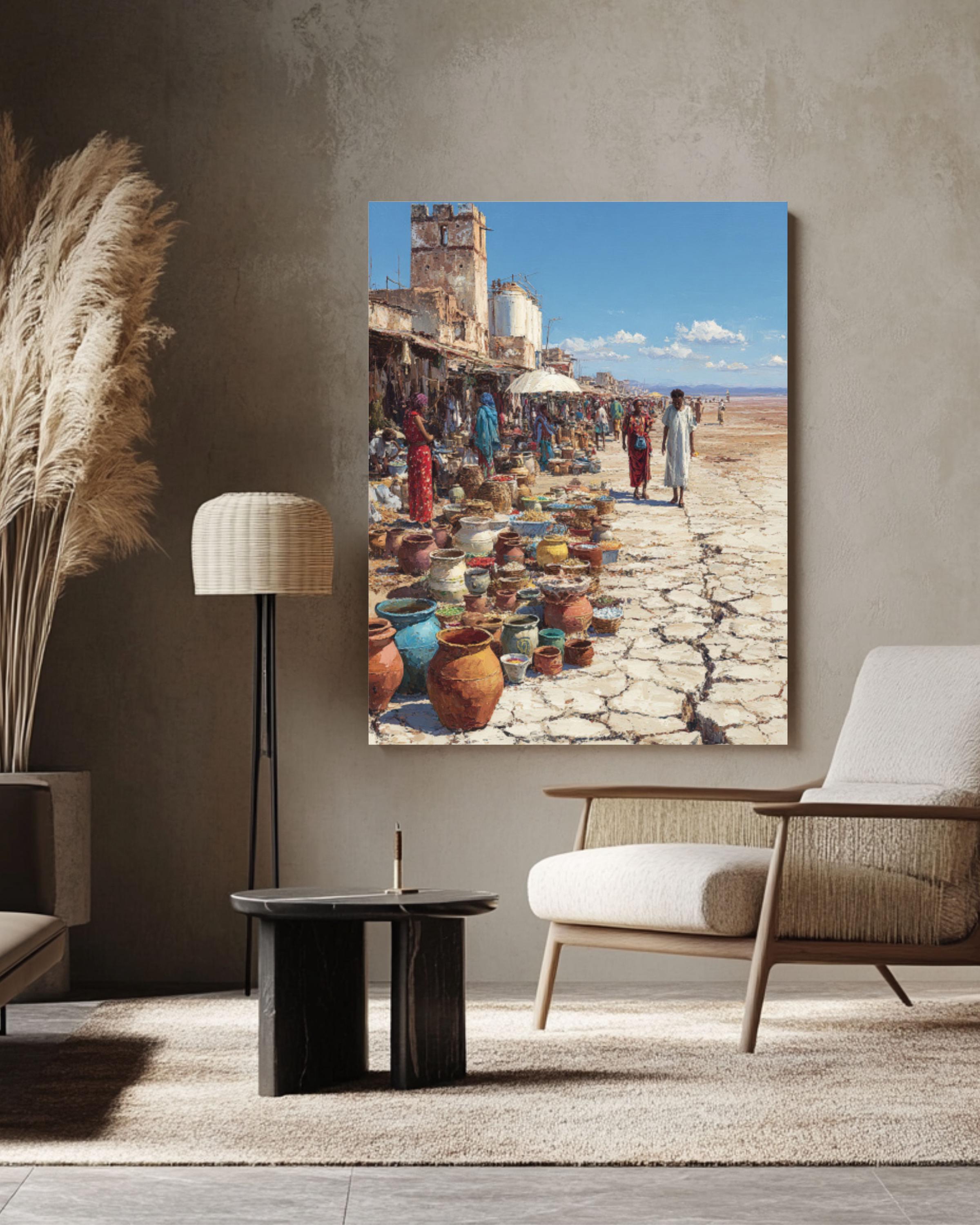 African Street Market Oil Painting Print – Alex Alemany Style Cracked Earth Surreal Wall Art