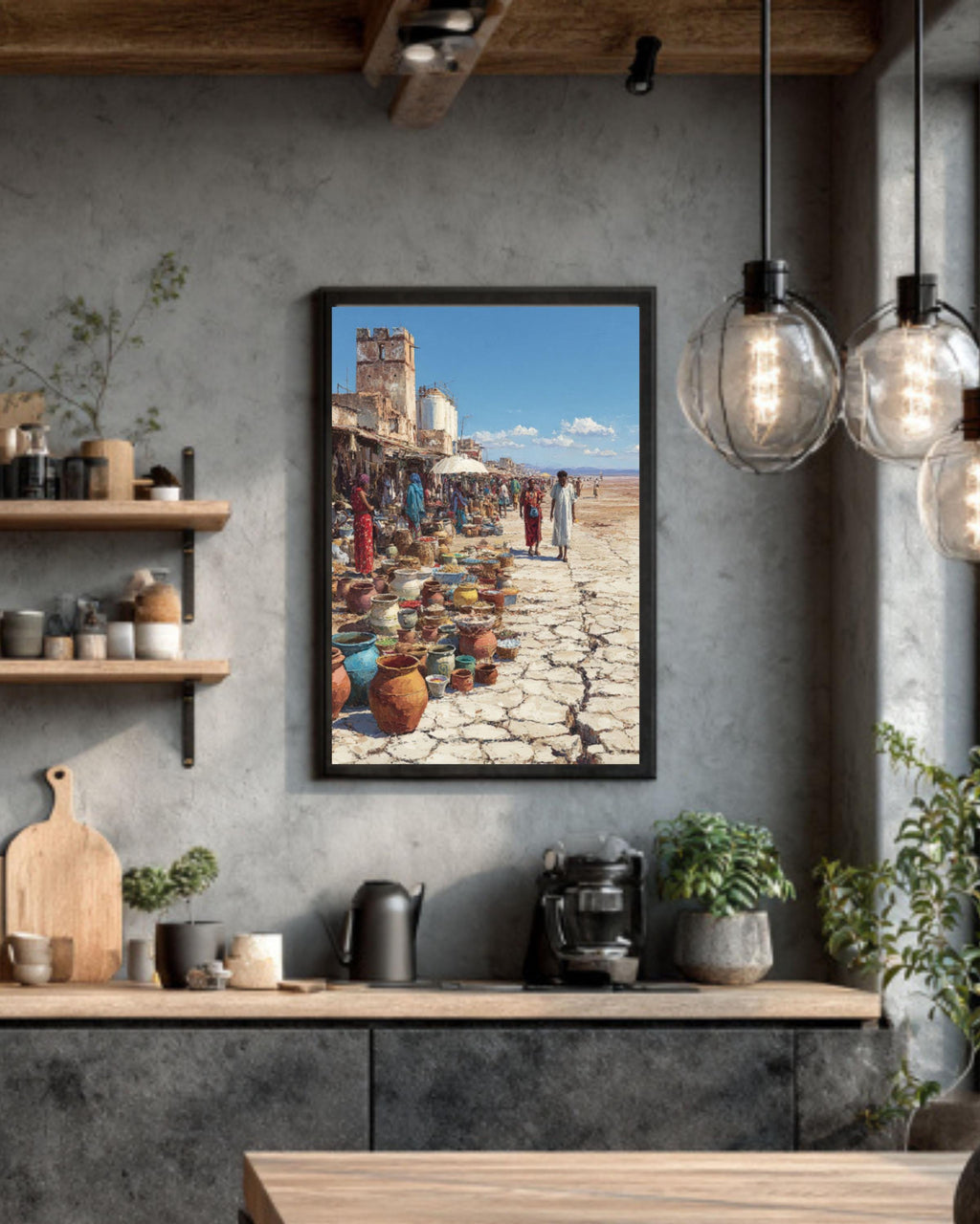 African Street Market Oil Painting Print – Alex Alemany Style Cracked Earth Surreal Wall Art