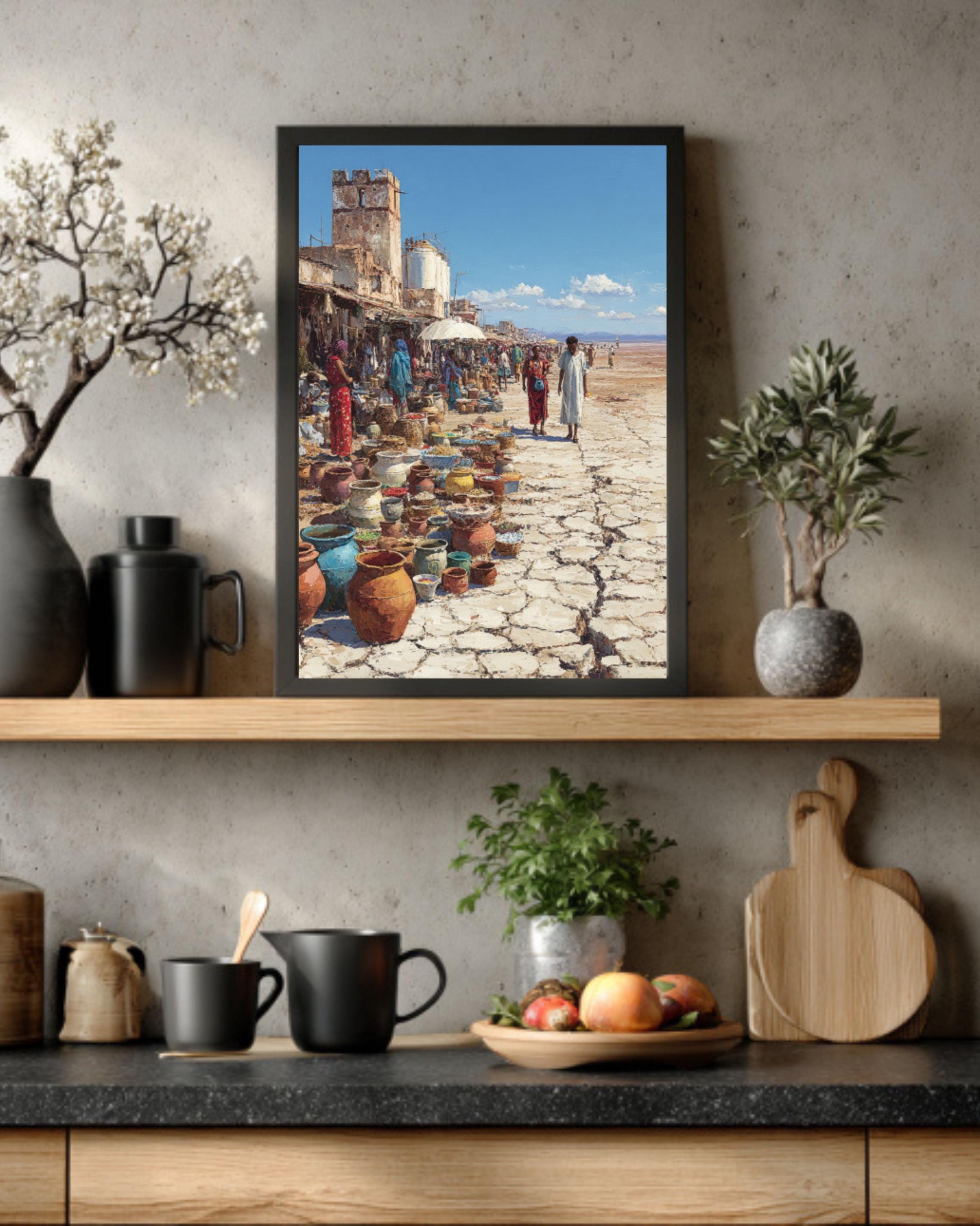 African Street Market Oil Painting Print – Alex Alemany Style Cracked Earth Surreal Wall Art