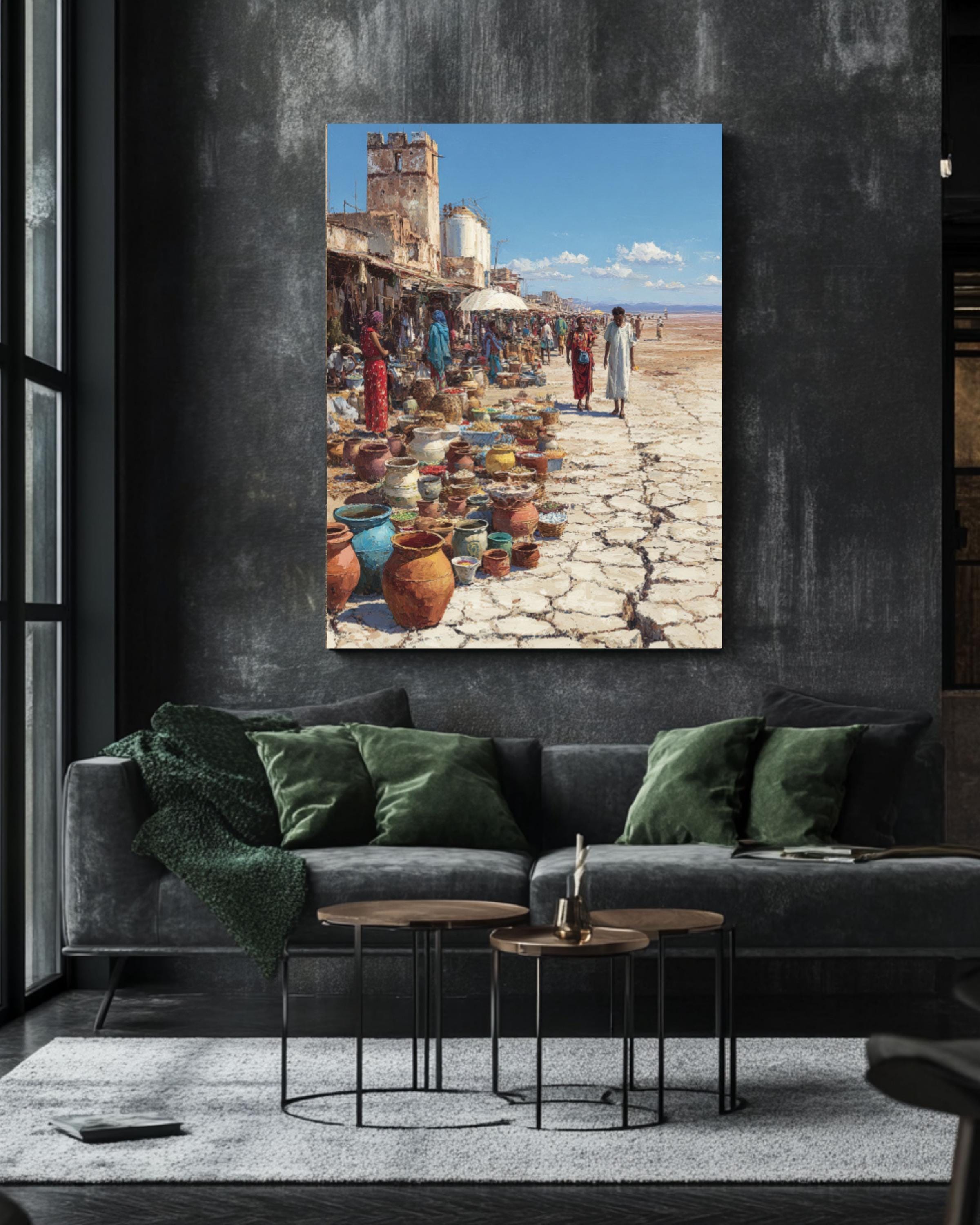 African Street Market Oil Painting Print – Alex Alemany Style Cracked Earth Surreal Wall Art