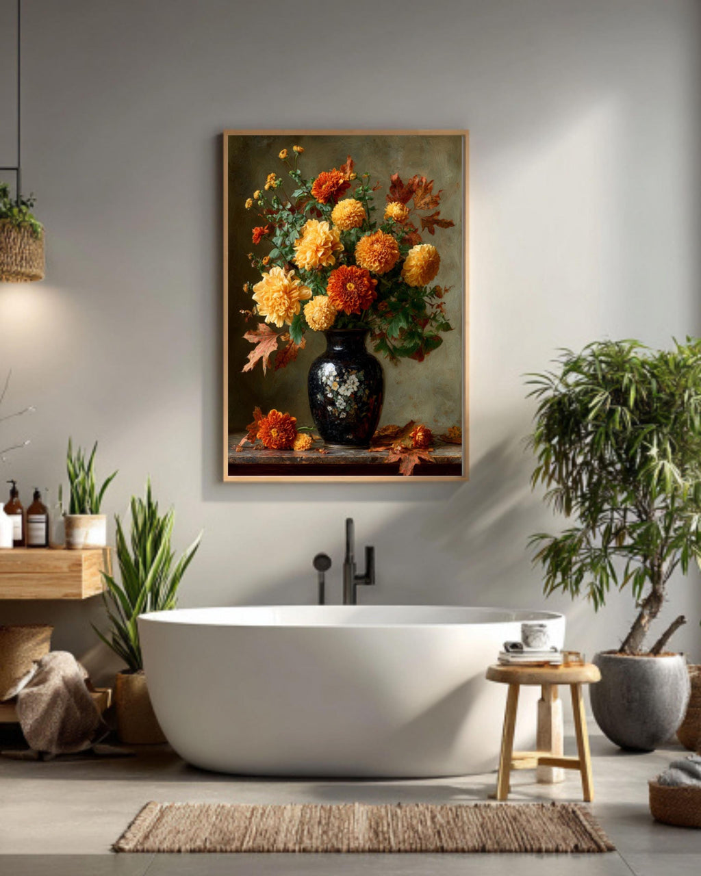 Autumn Floral Still Life Canvas Art – Marigold and Chrysanthemum Painting