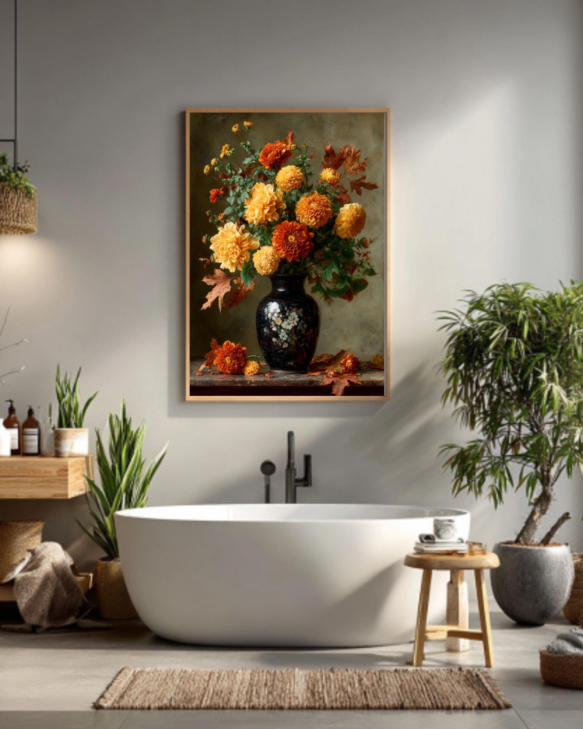 Autumn Floral Still Life Canvas Art – Marigold and Chrysanthemum Painting