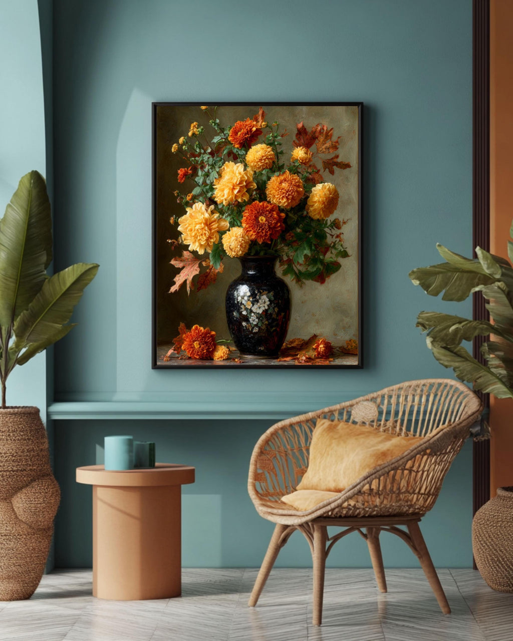 Autumn Floral Still Life Canvas Art – Marigold and Chrysanthemum Painting