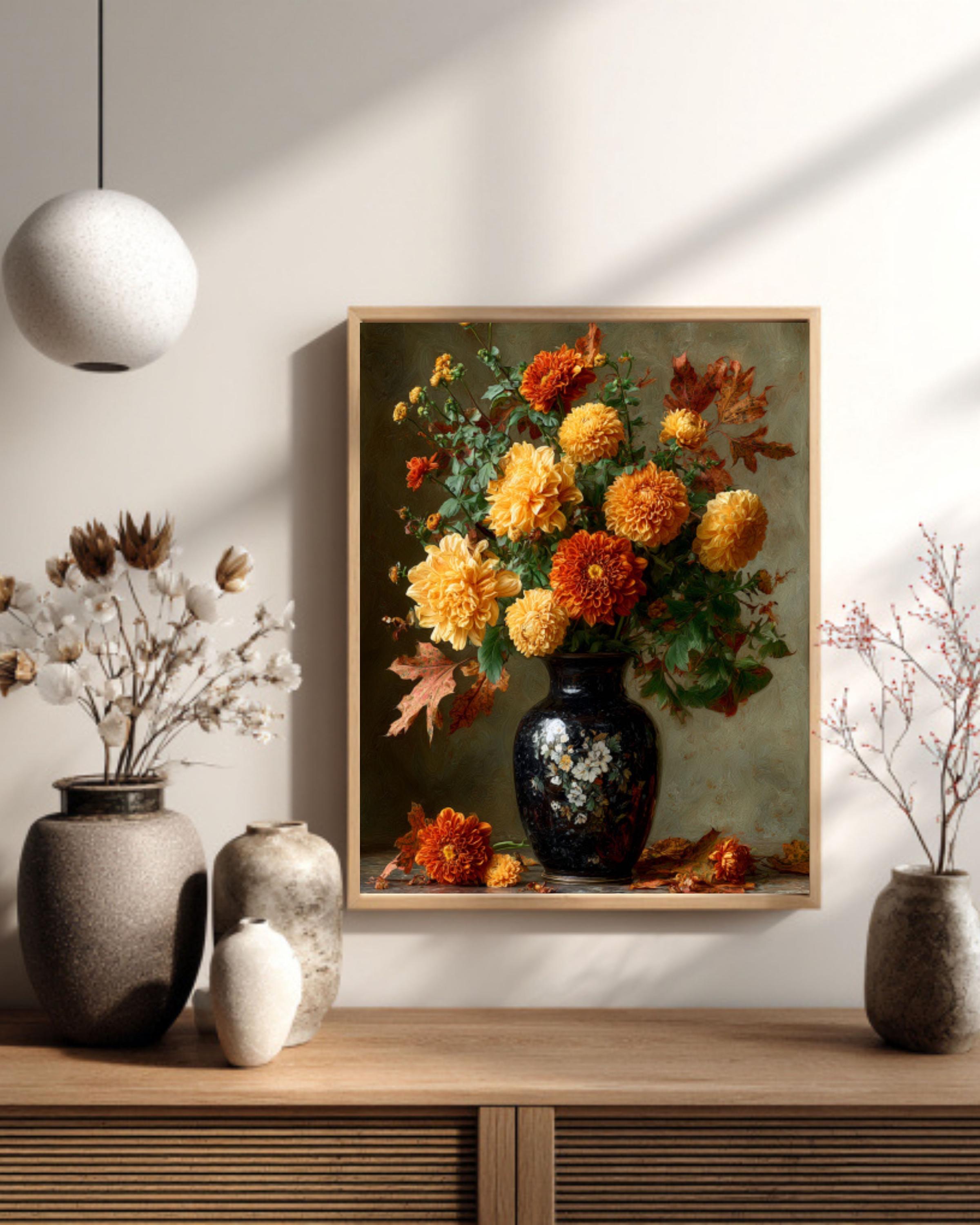 Autumn Floral Still Life Canvas Art – Marigold and Chrysanthemum Painting
