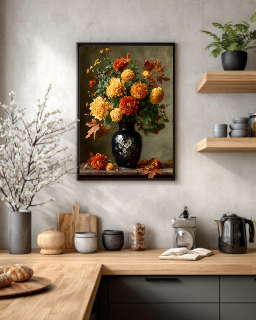 Autumn Floral Still Life Canvas Art – Marigold and Chrysanthemum Painting