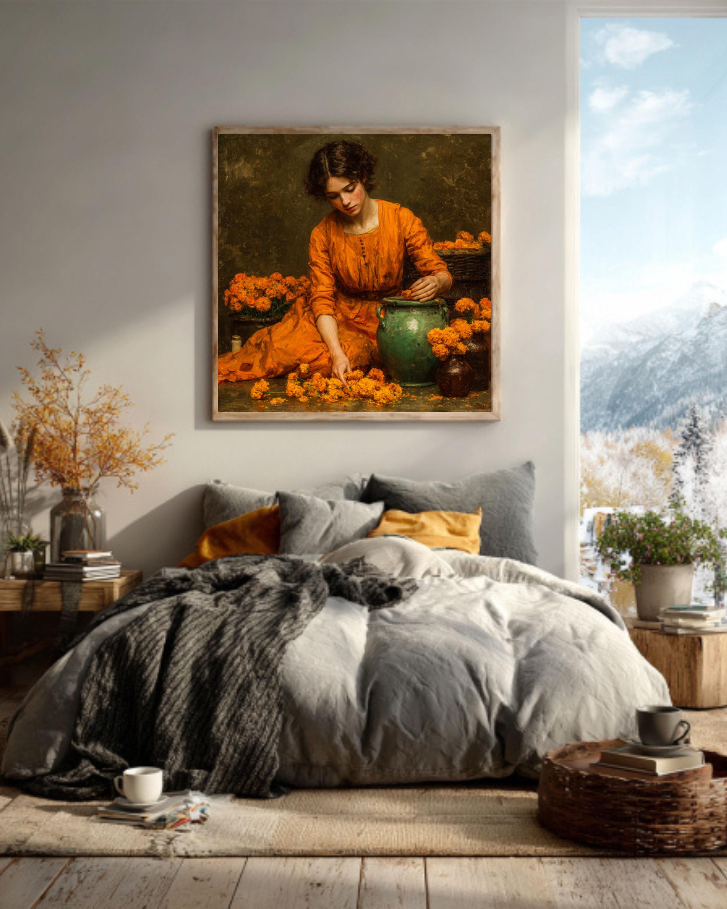 Waterhouse-Inspired Vintage Painting – Marigolds Woman Wall Art