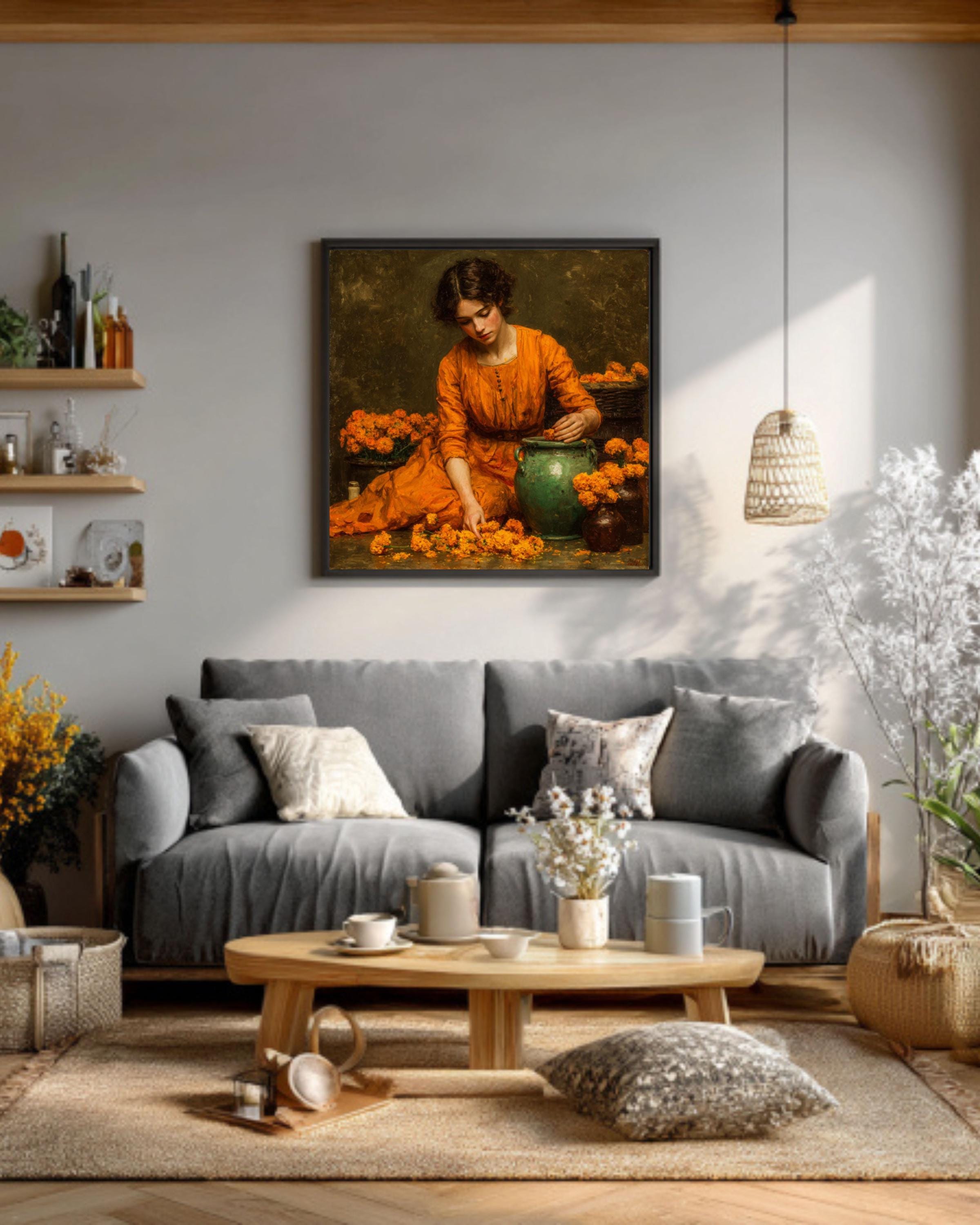 Waterhouse-Inspired Vintage Painting – Marigolds Woman Wall Art
