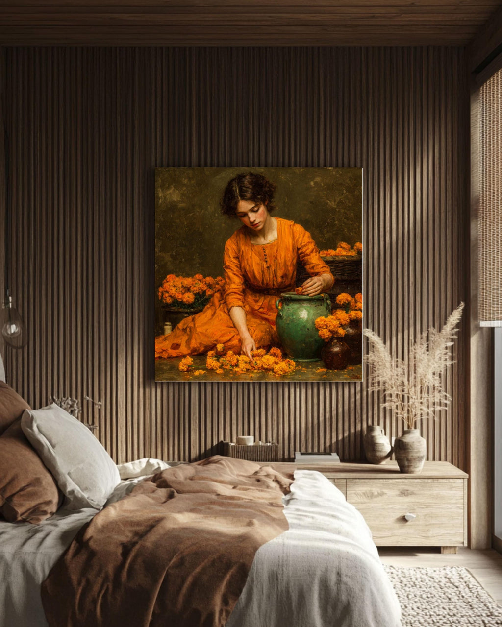 Waterhouse-Inspired Vintage Painting – Marigolds Woman Wall Art