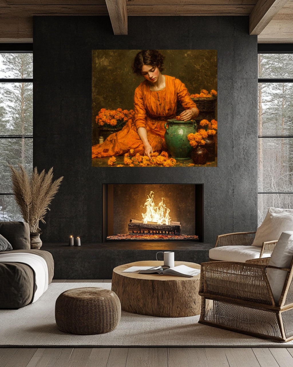 Waterhouse-Inspired Vintage Painting – Marigolds Woman Wall Art