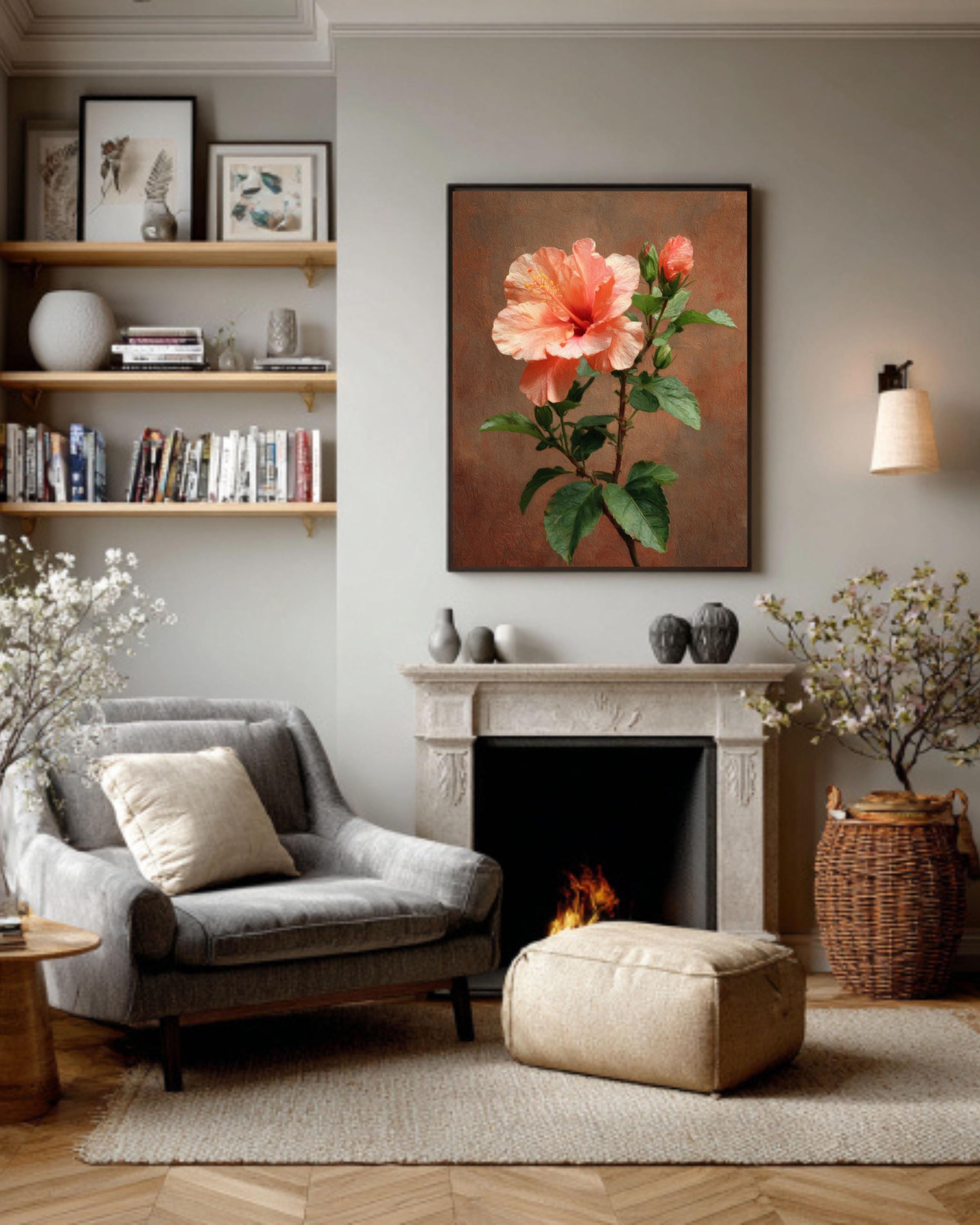 Peach Hibiscus Botanical Canvas Wall Art – Vintage Floral Home & Office Decor