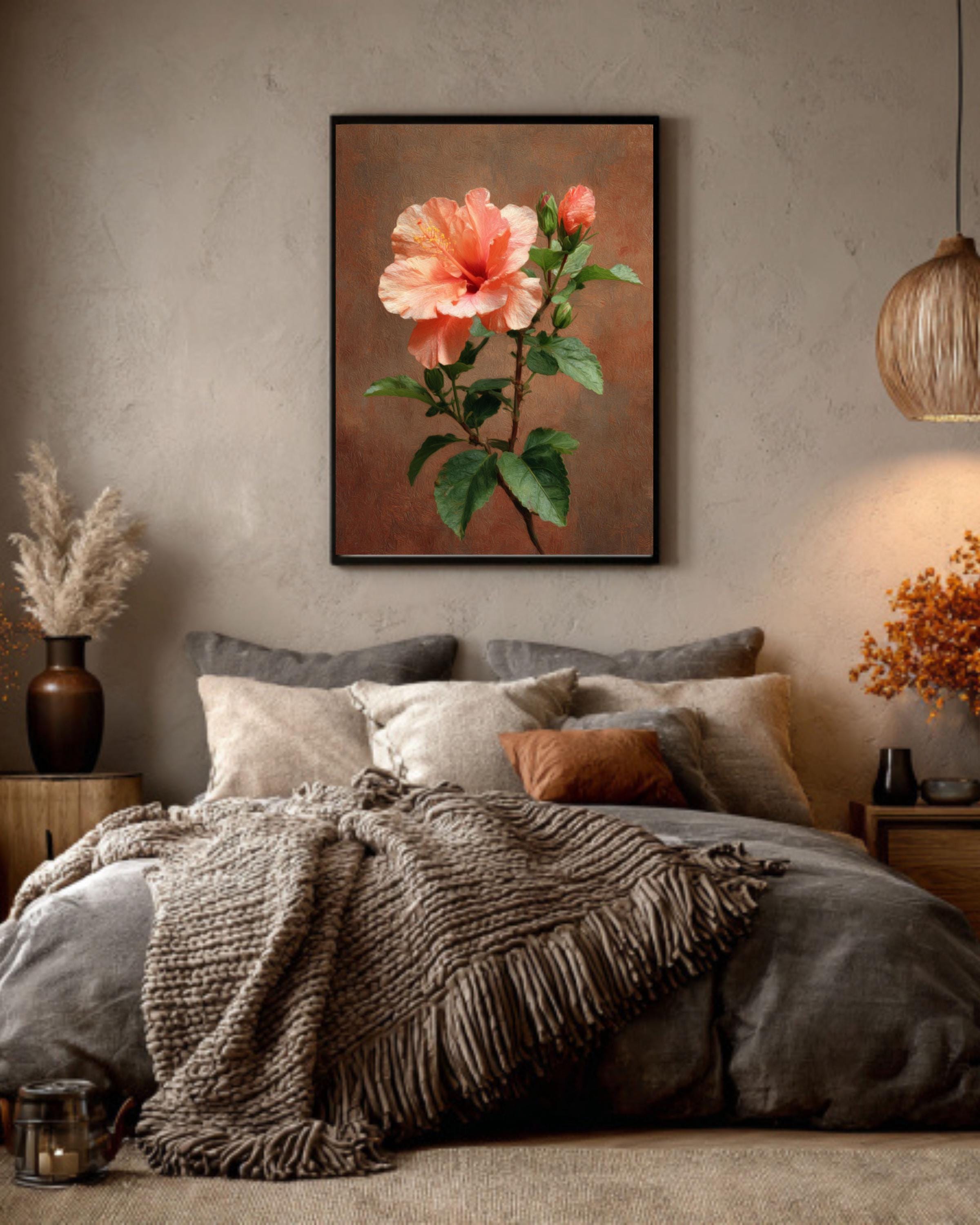 Peach Hibiscus Botanical Canvas Wall Art – Vintage Floral Home & Office Decor