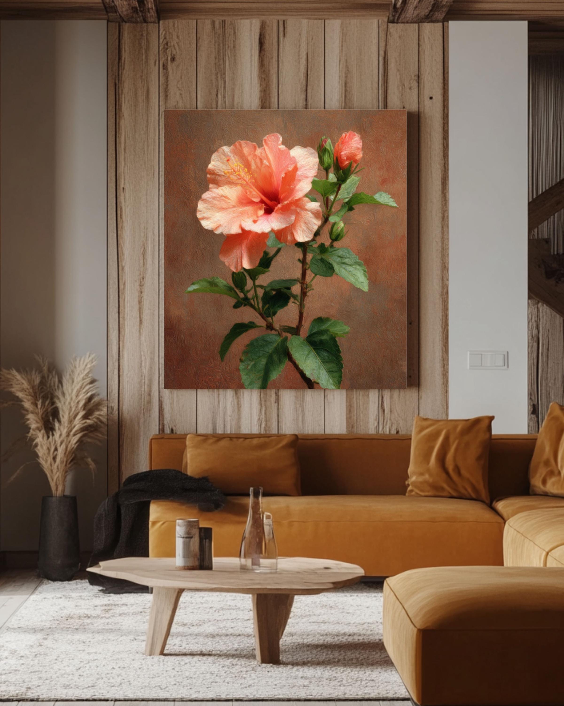 Peach Hibiscus Botanical Canvas Wall Art – Vintage Floral Home & Office Decor