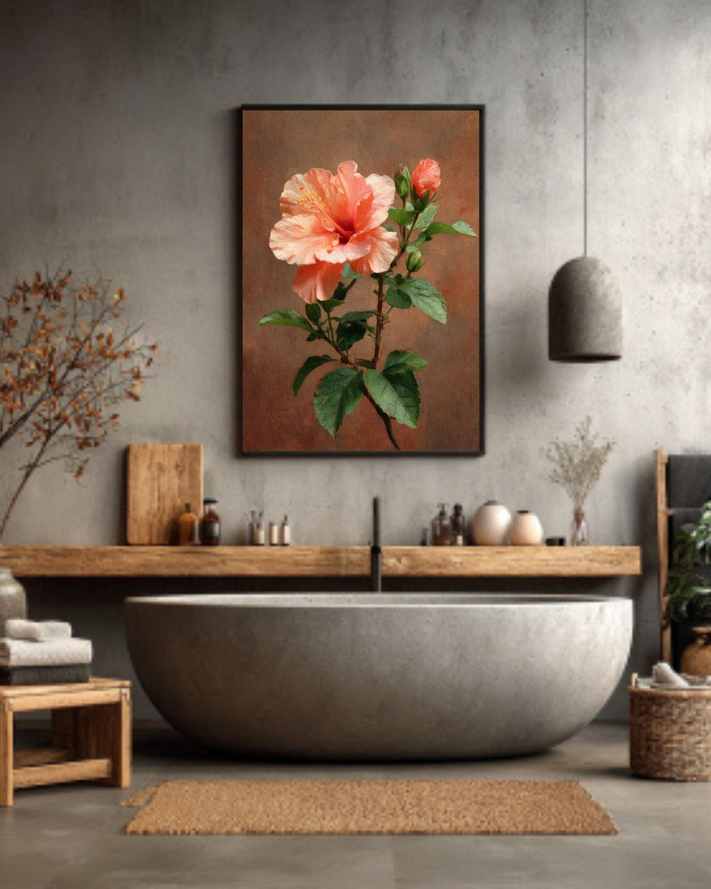 Peach Hibiscus Botanical Canvas Wall Art – Vintage Floral Home & Office Decor