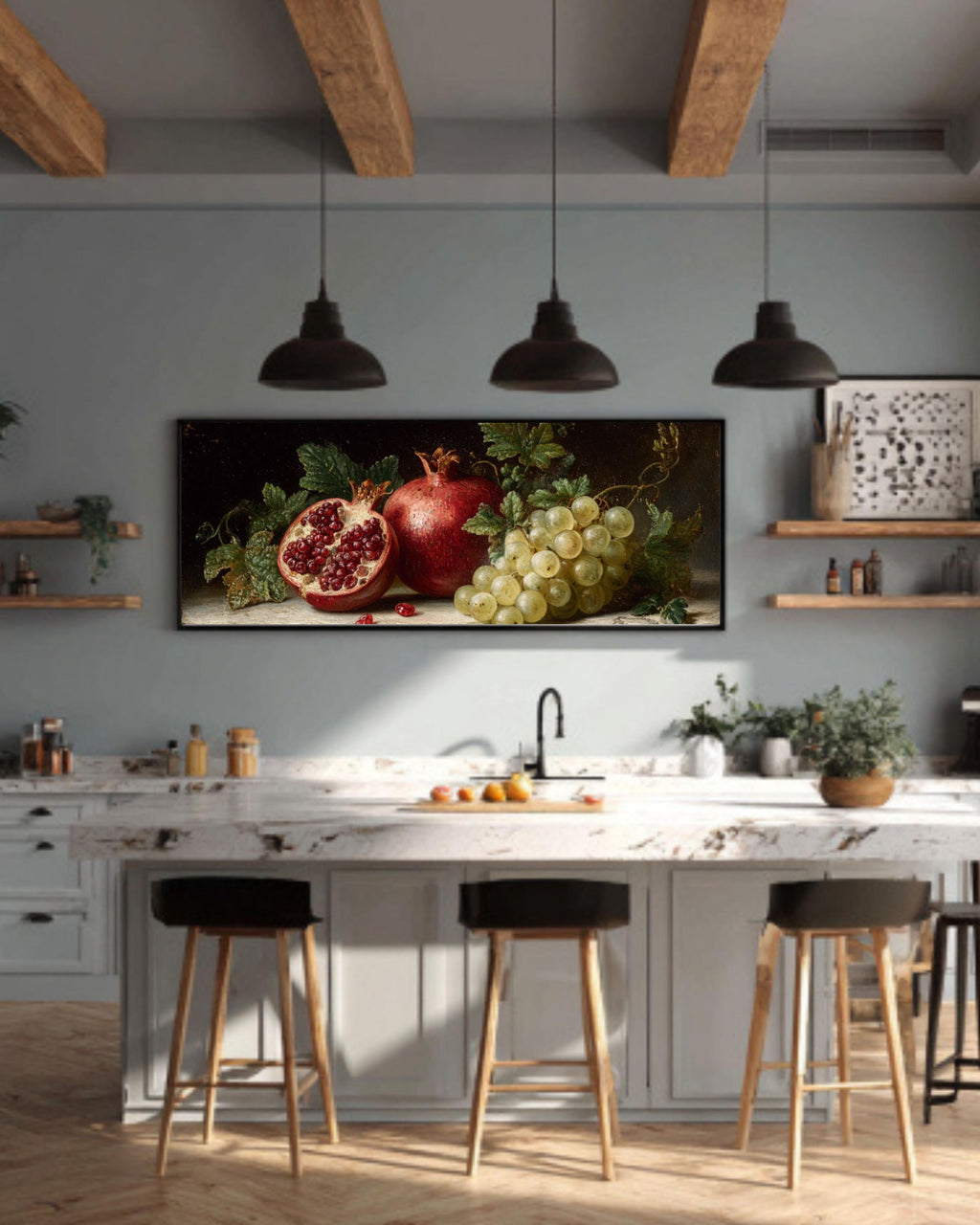 Pomegranate & Grapes Wall Art – Vintage-Inspired Still Life Canvas
