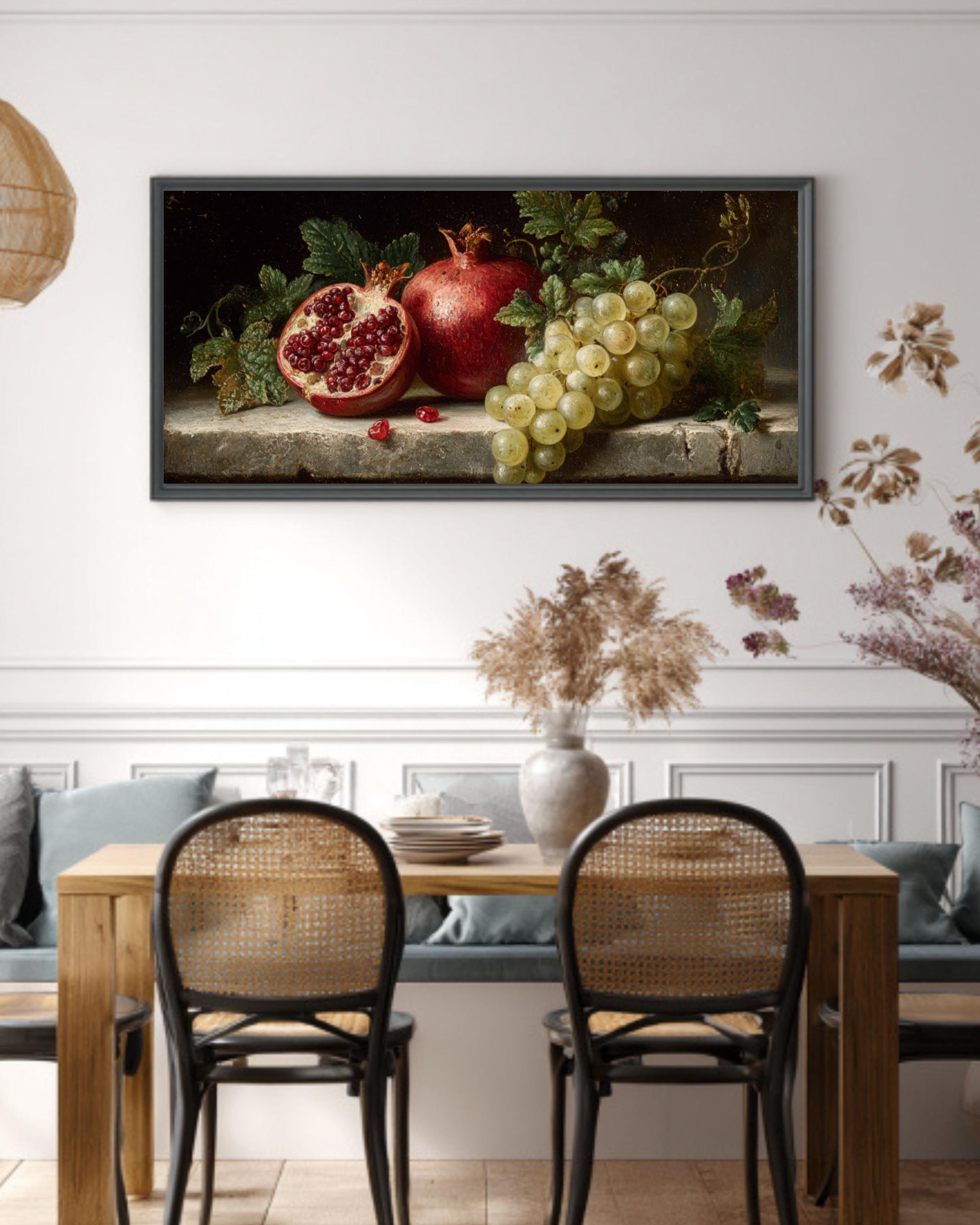 Pomegranate & Grapes Wall Art – Vintage-Inspired Still Life Canvas