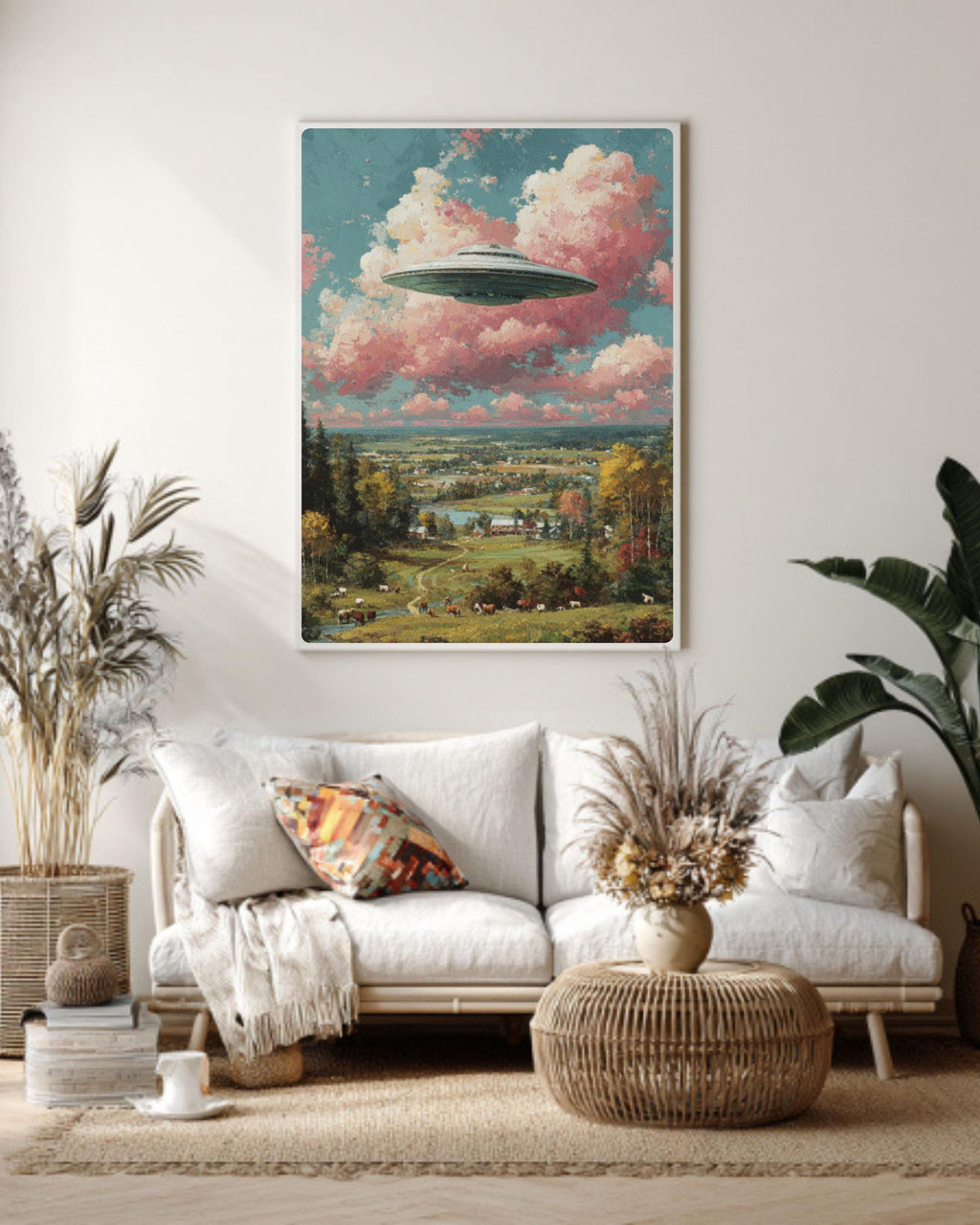 Pastel UFO Painting â€“ Surreal Farmland, Cows & Pink Clouds Wall Art Canvas Wall Art Print – Premium Home Decor